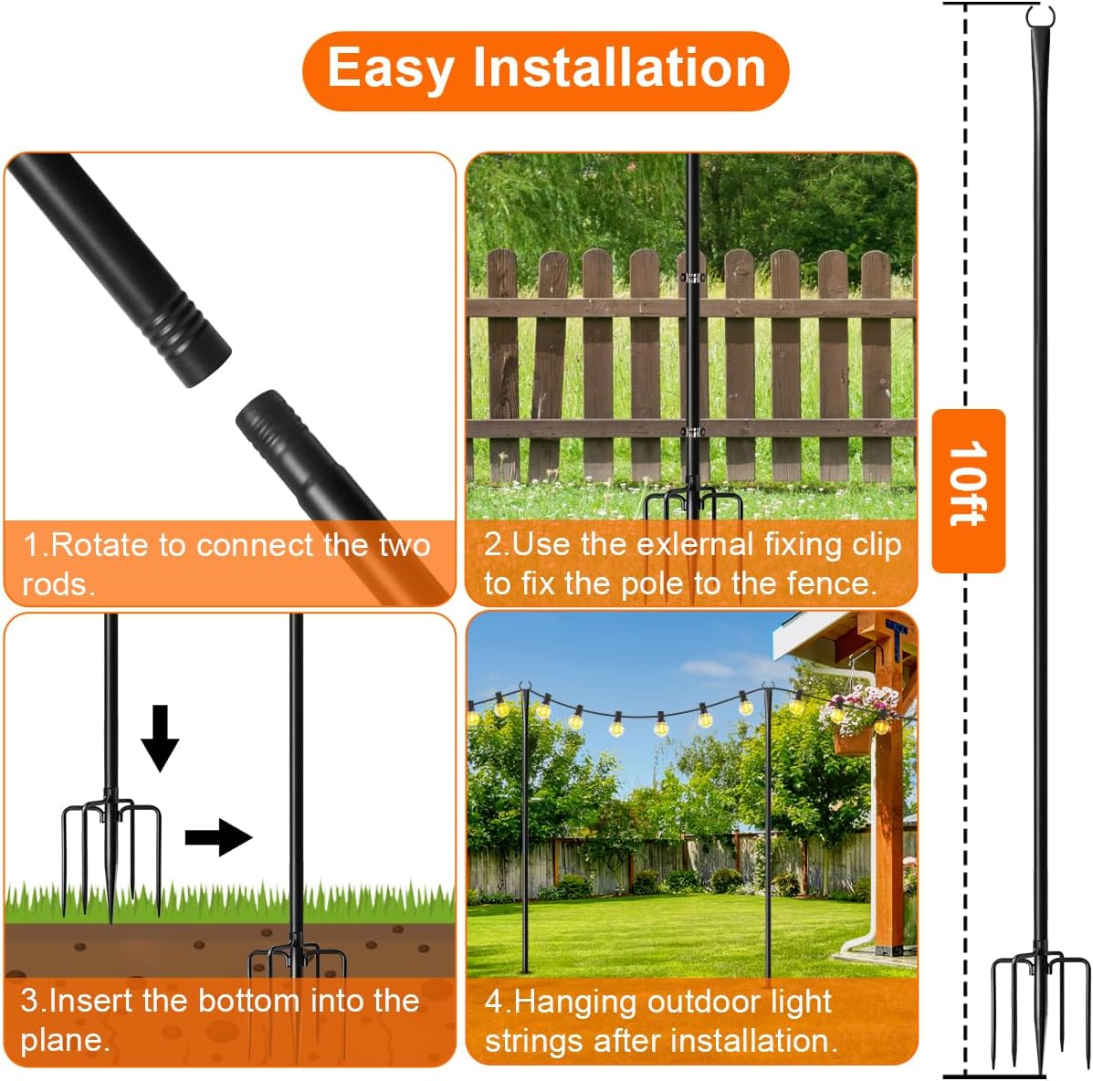 6 Pack 9FT String Light Poles for Outdoor,Metal Lights Hanging Pole Outside with Fork,Light Stand for Patio, Pergola, Garden, Backyard, Yard, Camping Party