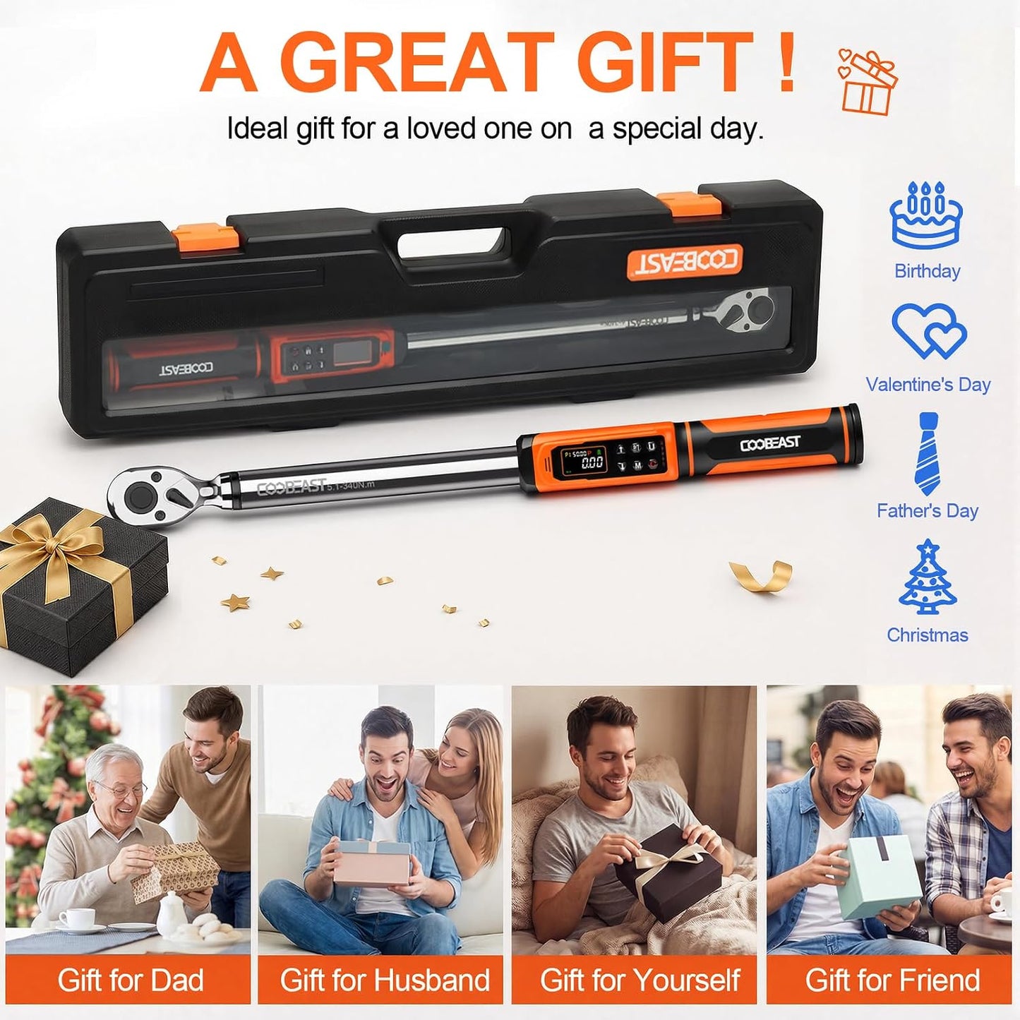 coobeast 1/2 Drive Digital Torque Wrench(3.76-250.8 Ft.lbs./5.1-340Nm) | Preset Value Torque Wrench with ±2% accuracy, Buzzer and LED Flash Five Units of Measure for Motorcycle, Auto Repair