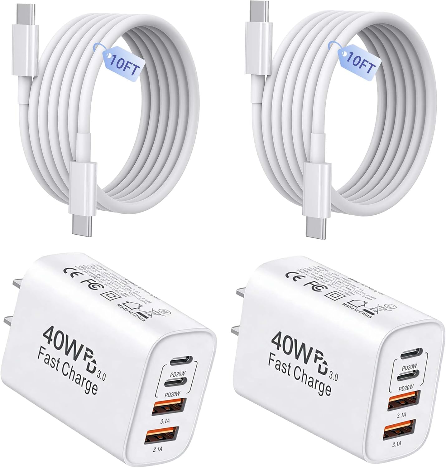 60W USB C Charger,2Pack 10FT iPhone 17 Pro Max Charger Fast Charging,4Port USB-A USBC Charger Block with 10ft USB C Cable Cord for Apple iPhone 17 Pro Max/17 Air/16 Pro Max/15 Plus/16/iPad,AirPods