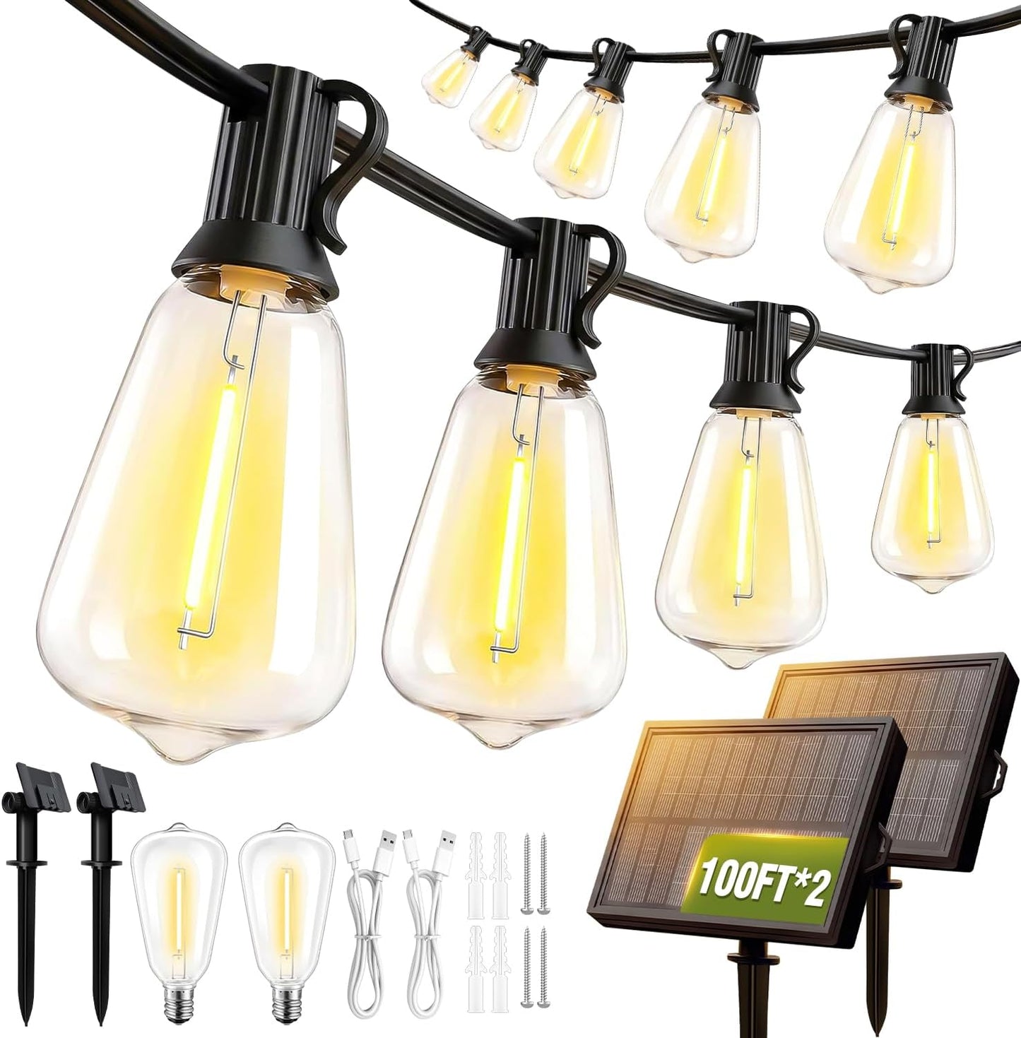 100FT Solar String Lights Outdoor Waterproof with Remote & Timer, LED Shatterproof ST38 Bulbs, USB & Solar Powered Patio Lights for Backyard, Porch, Garden, Wedding Decor, Dusk to Dawn Lighting