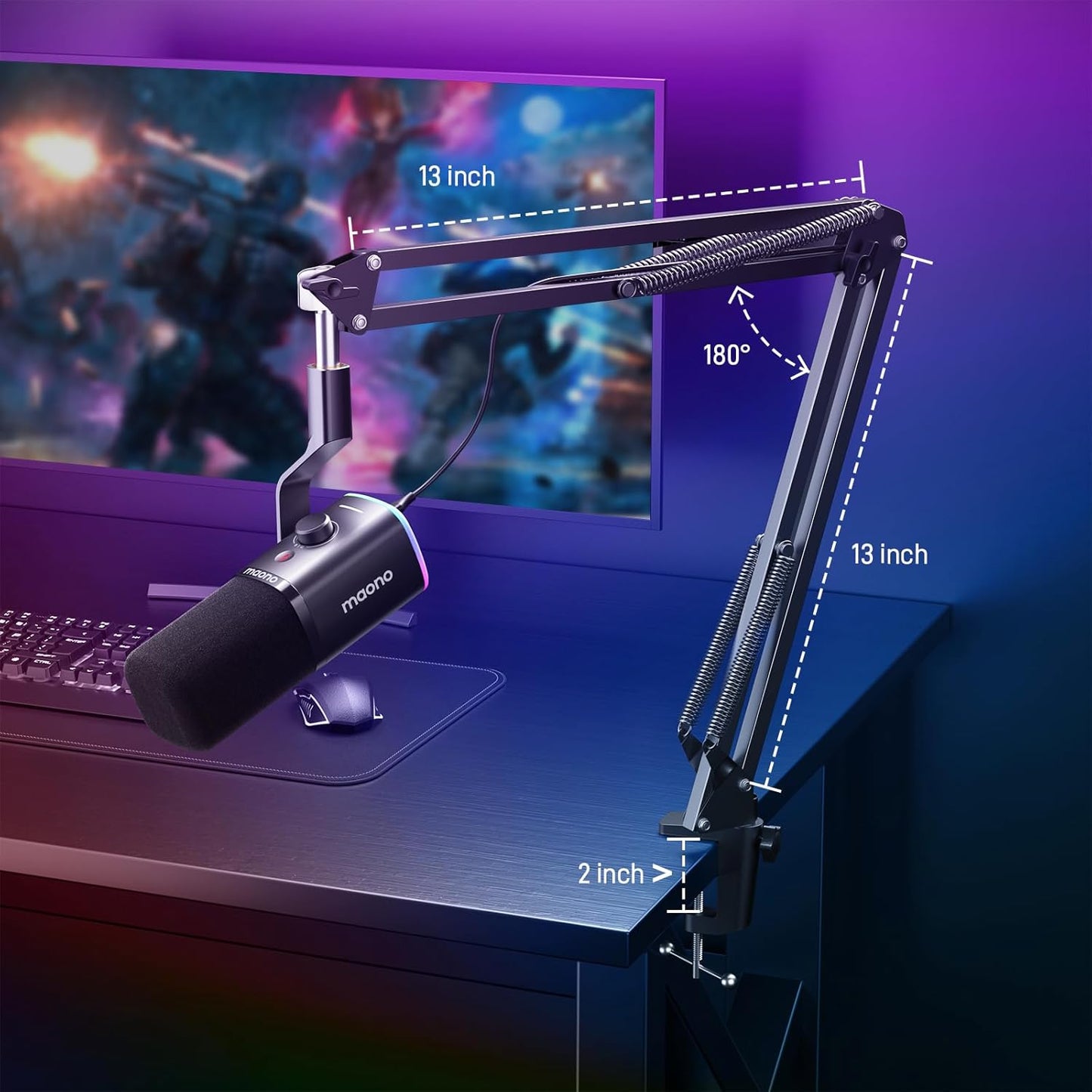 MAONO XLR/USB Gaming Microphone for PC, Dynamic Computer Mic for Streaming Podcasting, Noise Reduction, Mute, Volume Control, RGB Boom Mic for Vocal Recording,Voice-Over, PD100XS Black