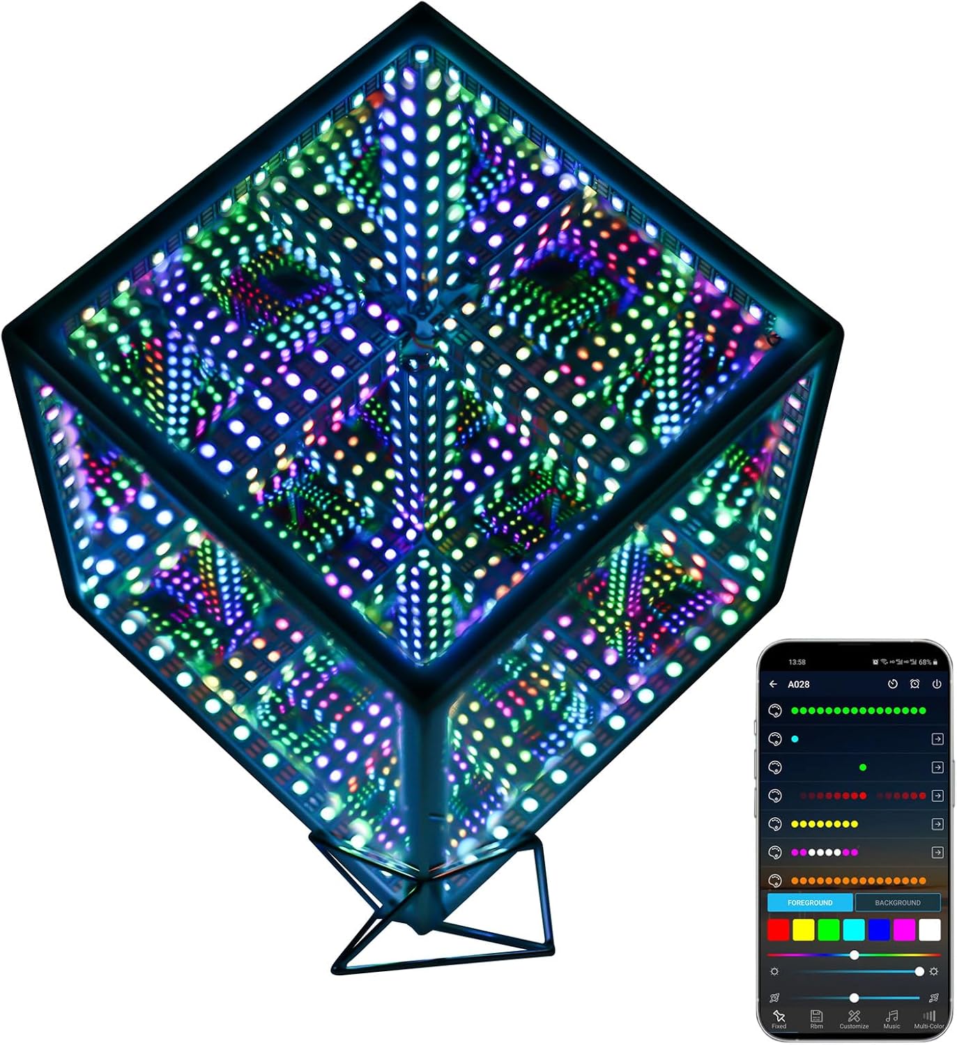 Infinity Mirror Hyper Cube Table Lamp, Desk Art Night Light, Color-Changing Sound-Activated APP-Controlled Ambient Light for Gaming, Party, Home, Gift (6 Inches)