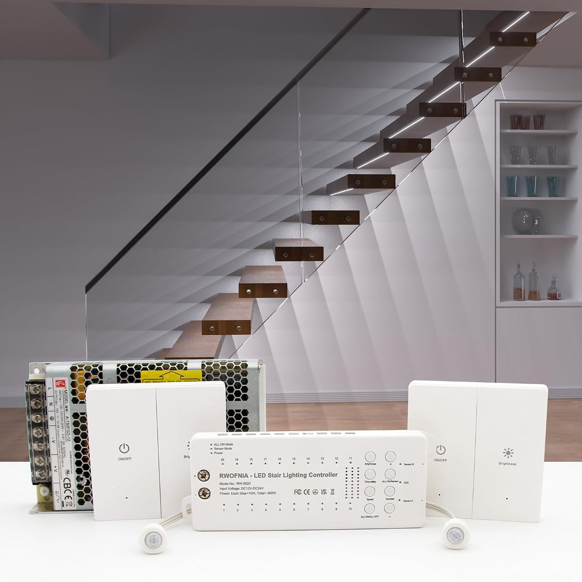 Wall Switch Control and Motion Sensor LED Stair Lighting Kit RW-5620, 40 Inches Long Cuttable LED Light for Indoor LED Stair Lights (Warm White 3000K, 12 Stairs)