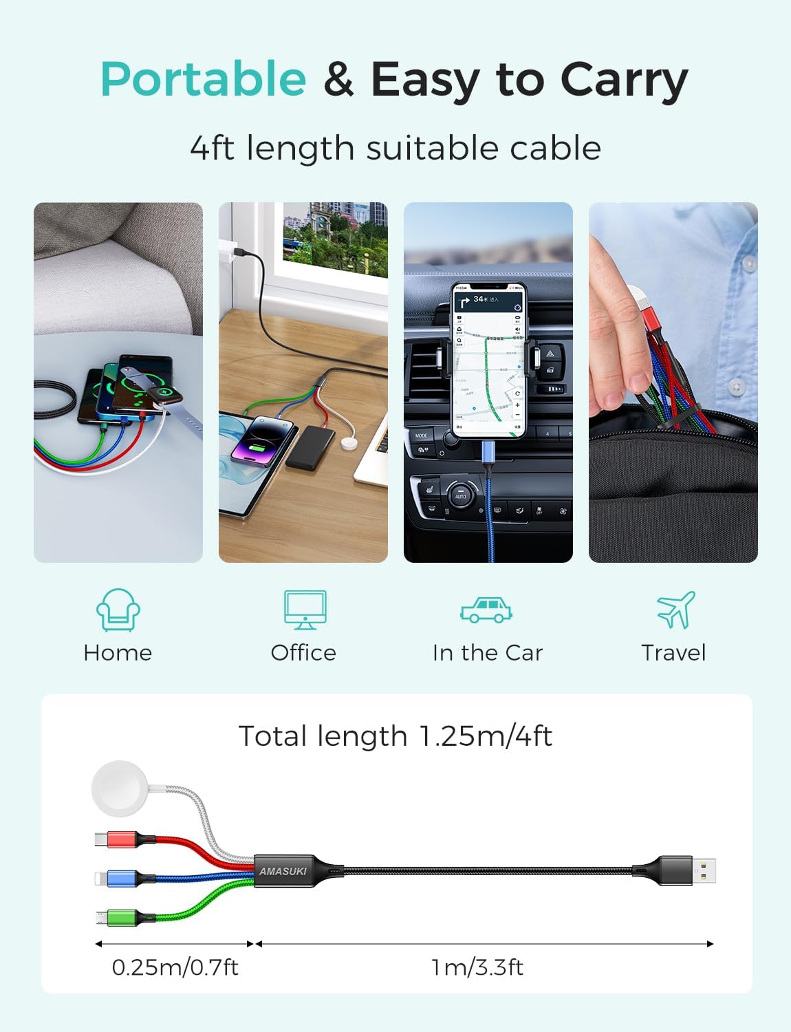 Cruise Essentials 2026,Travel Essentials,4 in 1 for Apple Watch Charger/iPhone Charger/Multi Charging Cable Camping Vacation,USB C/L/Micro Portable Charger for iWatch 11-1/iPhone 17-12,Car-4FT