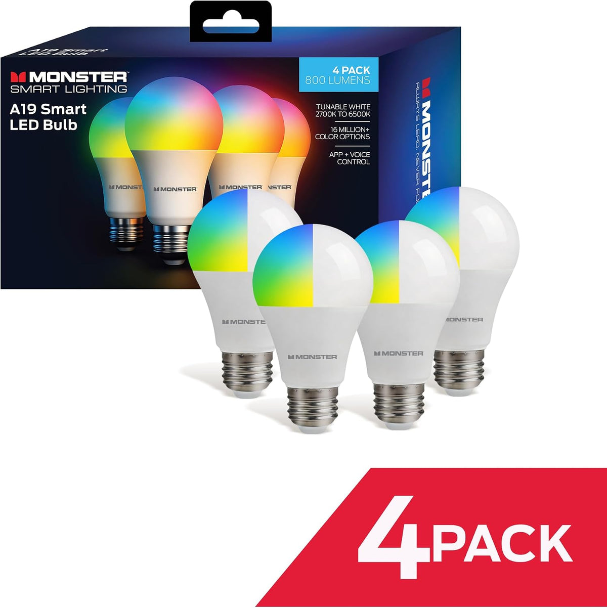 Monster Smart LED Light Bulbs WiFi Color Changing Bulbs, Dimmable Multicolor & Tunable White, Compatible with Alexa & Google Home, A19, 800 Lumens