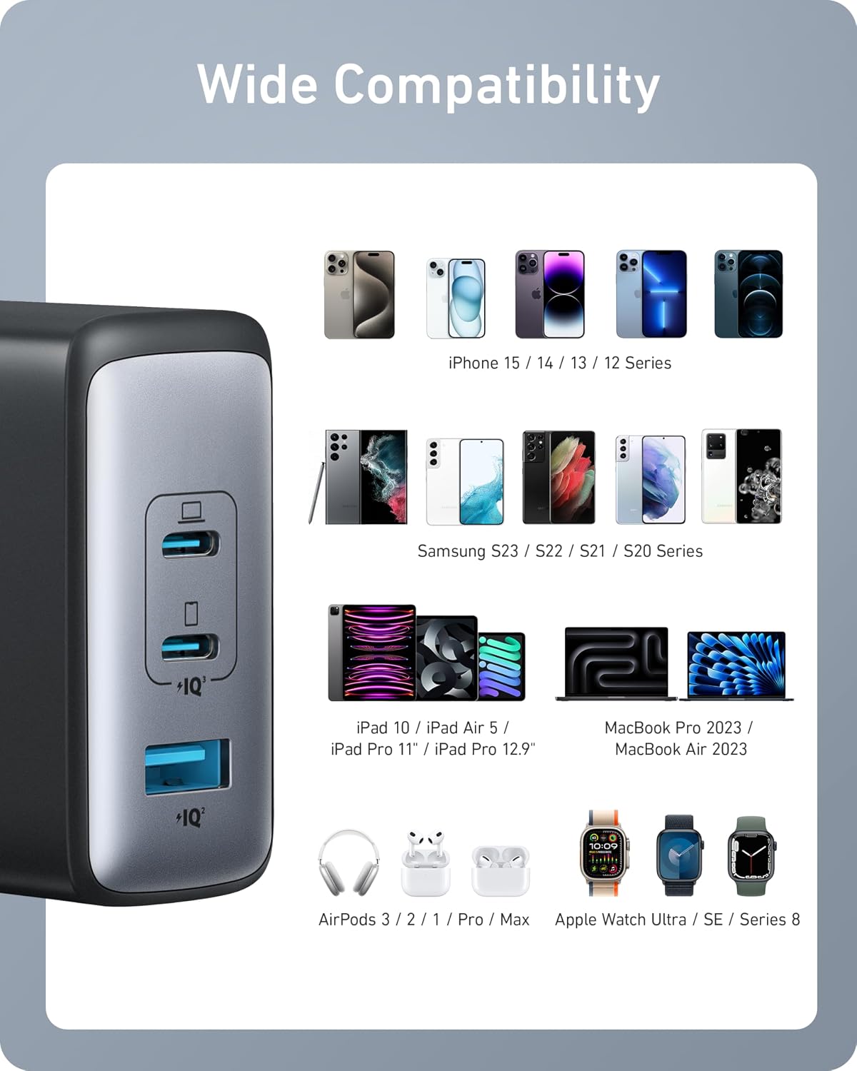 Anker Nano 100W MacBook Charger, 3-Port Fast Compact GaN USB Charger Block | With 1 Pack & 1 Cable for MacBook Pro/Air, Pixelbook, ThinkPad, Dell XPS, iPad Pro, iPhone 17 Series, Galaxy S23, and More