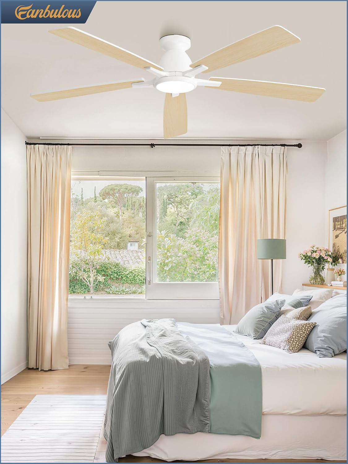 Fanbulous 60 Inch Flush Mount Ceiling Fan with Light, Remote & App, White