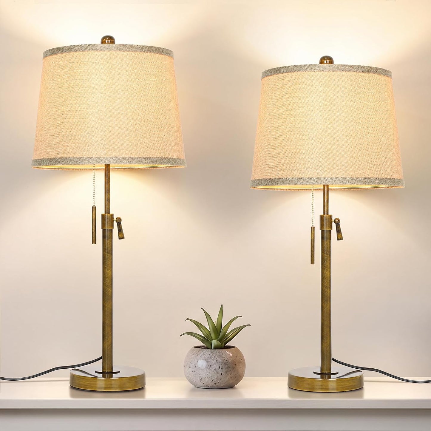 JUNNAI 2 Pack 22"-30" Adjustable Height Table Lamps Set, Modern Gold Table Lamps with White Shade 3 Colour Temperature Pull Chain Tall Lamps for Living Room Bedroom Bedside End Table Nightstand