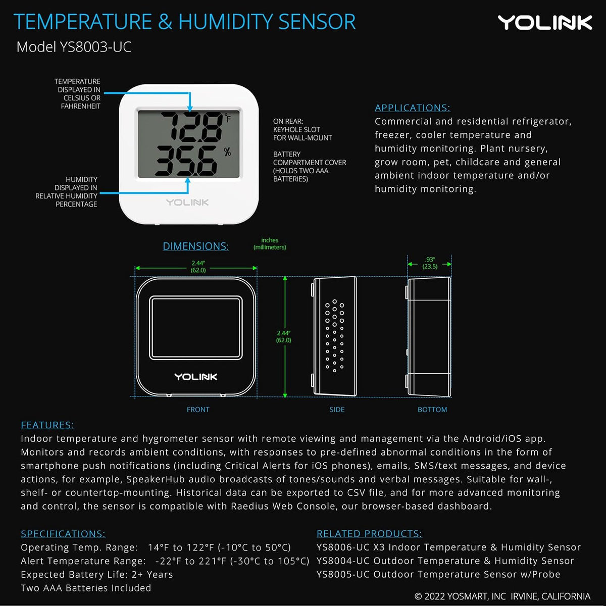 YoLink SpeakerHub & Two Temp/Humidity Sensors Starter Kit – Audio Hub Plays Tones/Sounds, Spoken Messages, Text Messages, LoRa-Powered ¼ Mile Range, Compatible with IFTTT, WiFi Required