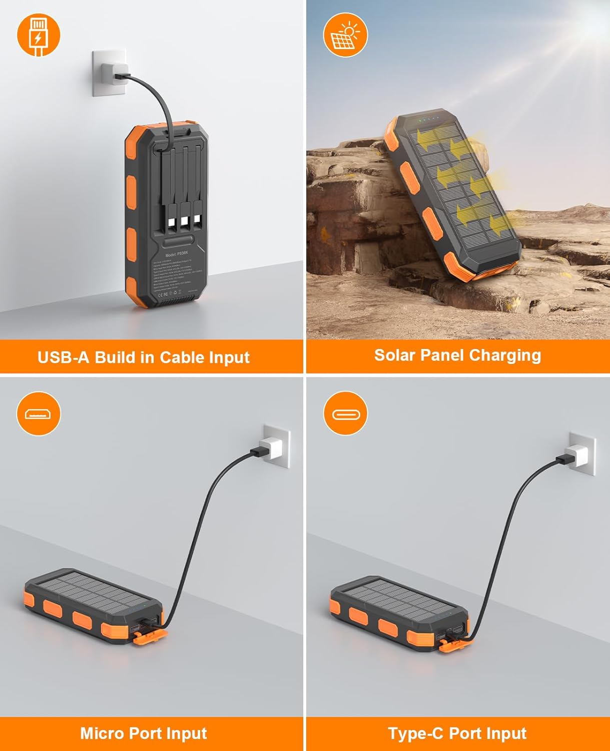 Solar Charger Power Bank 38800mAh, 22.5W USB-C Fast Charging Portable Charger with 4 Built-in Cables, External Battery Pack with Dual LED Emergency Flashlights for Camping, Hiking, Outdoor Use