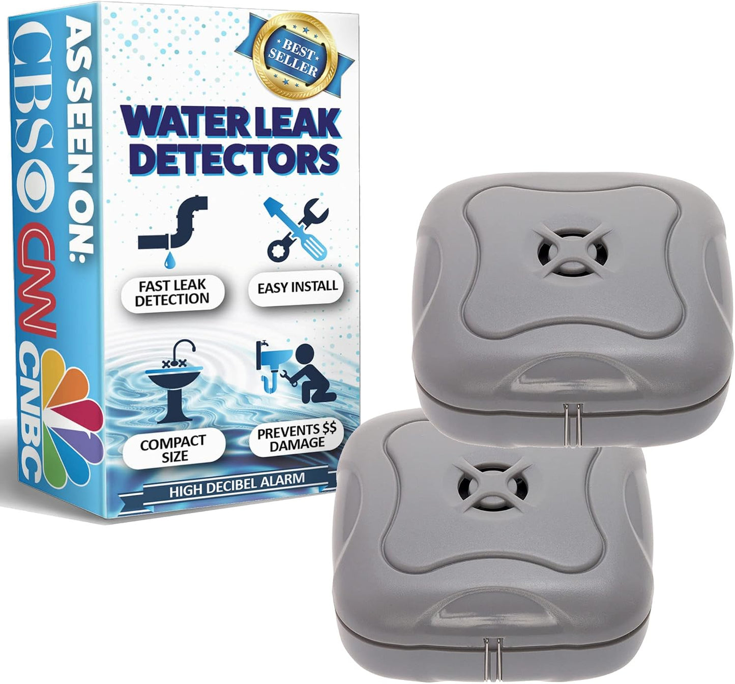 4 Pack Water Leak Detector - 95 dB Flood Detection Alarm Sensor for Bathrooms, Basements, Laundry Rooms, Garages, Attics and Kitchens by Mindful Design (Grey)