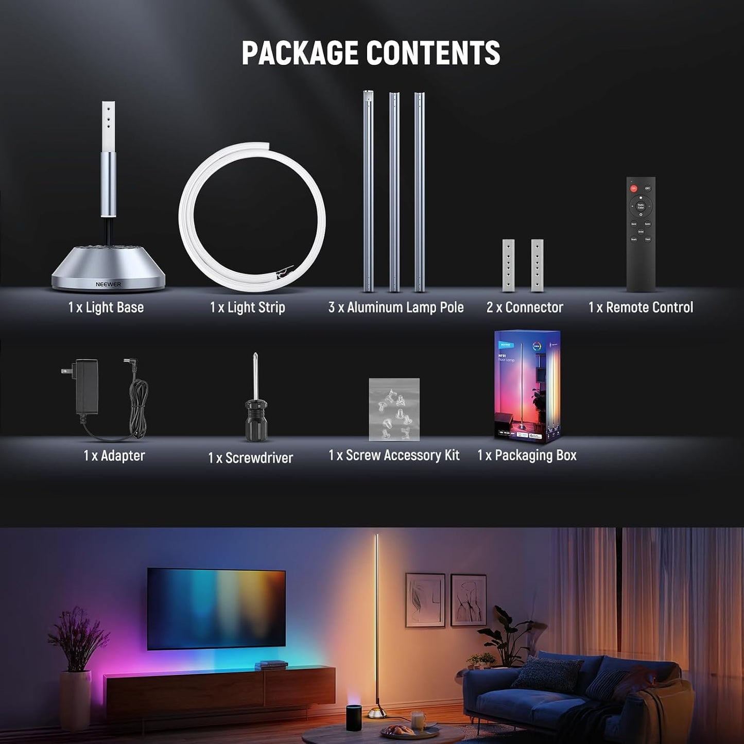 NEEWER Smart RGB IC W Floor Lamp, 1500lm LED Standing Corner Light Compatible with Alexa Google, APP Control/AI DIY/Music Sync/16 Million Colors, Ambience Lighting Bedroom Living Room Home Decor, NF01