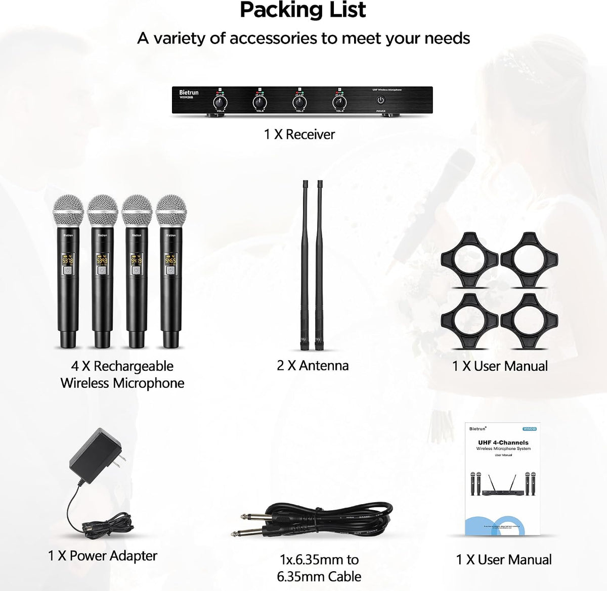 Bietrun 4-Channel Wireless Microphones System with 4 Handheld Mics, UHF Metal Dynamic Cordless Mics for Karaoke, Singing, Church, Family Theater(Auto Connect/295FT Range/Fixed Frequency), Black