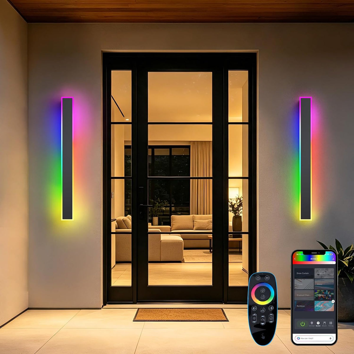 2 Pack Outdoor RGB Long Wall Lights, 47.2inch Wall Lights RGB/Warm/White Dimmable Modern Led Wall Lighting, Ip65 Waterproof Wall Sconce with Remote APP Control for Outdoor/Indoor Party Gathering