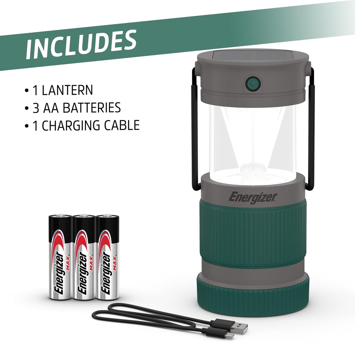Energizer S-500 Hybrid Power Camping Lantern, Solar, Rechargeable, or AA Battery Powered, IPX4 Water Resistant Bright LED Lantern