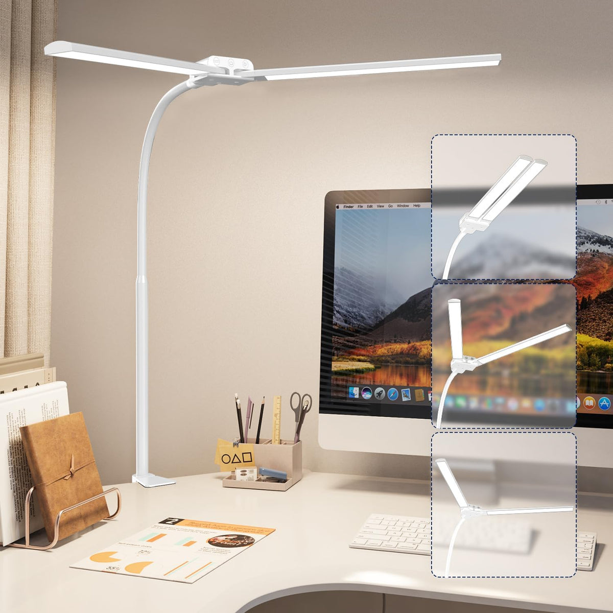 LED Desk Lamp with Clamp, Double Head for Dual Screen, 4 Color Modes,White