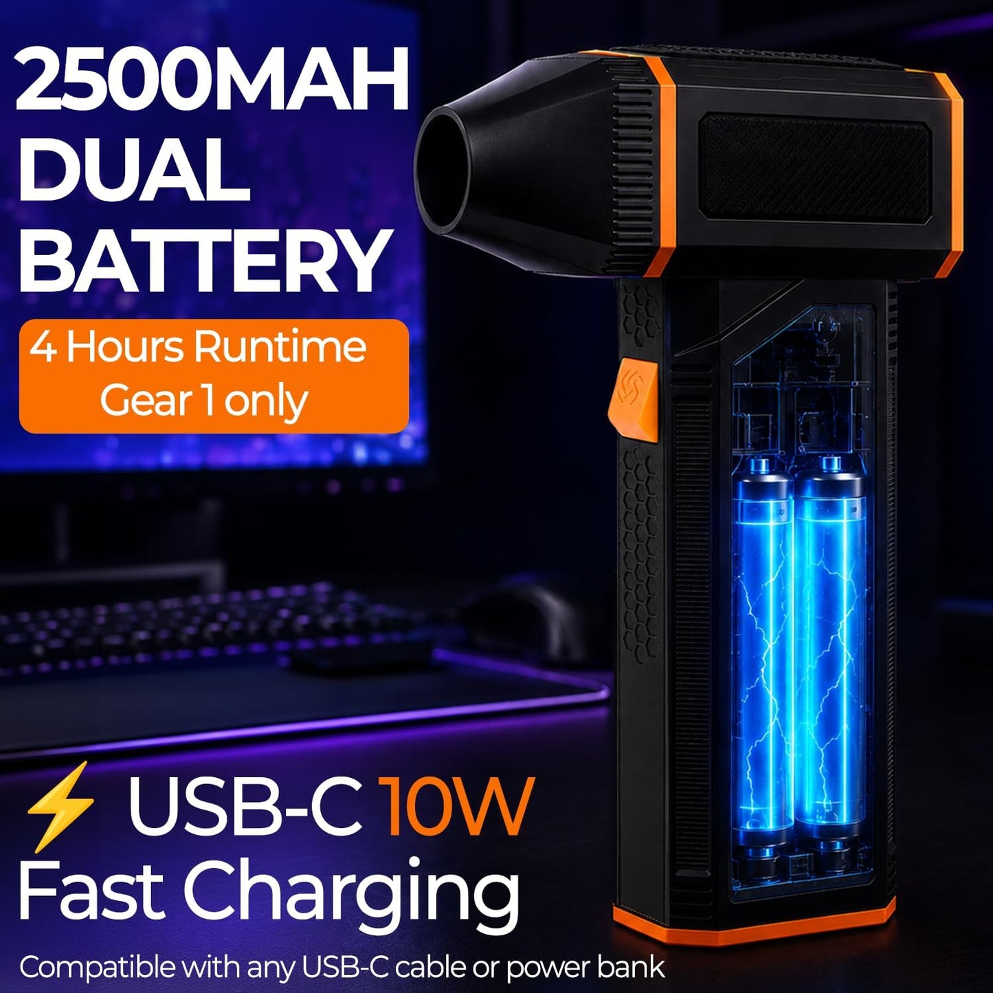 Electric Air Duster | 160,000 RPM Brushless Motor Jet Fan | Cordless Rechargeable Compressed Air Blower for PC, Keyboard, and Car Detailing (Black)
