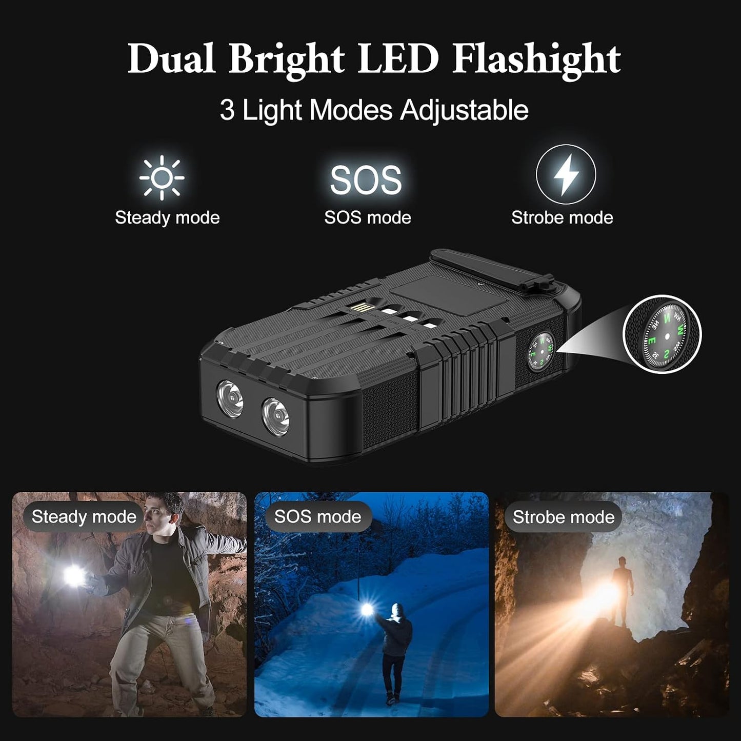Solar Power Bank 66800mAh Built in Hand Crank for Camping and Hiking | Fast Charge,4 Built in Cable, 5 Outputs & 3 Inputs Multi Device Charging,Camping Essentials/SOS/Flashlight/Compass,Waterproof