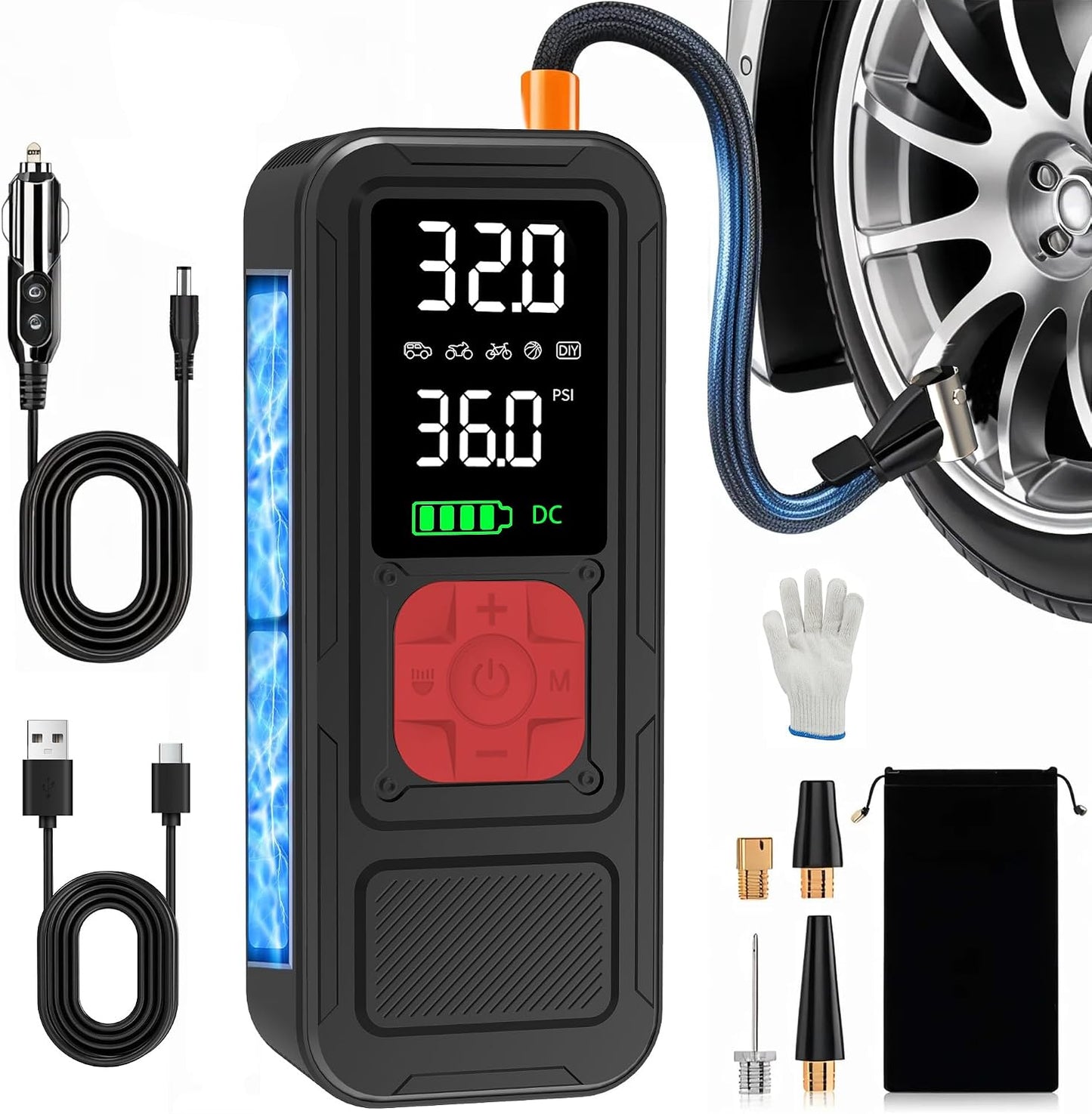 Y34 Tire Inflator Portable Air Compressor,4X Faster Inflation,6000mAh Cordless/12V DC 150PSI Air Pump with Digital Pressure Gauge for Car,Motorcycle,Bike,Ball Gifts for Men