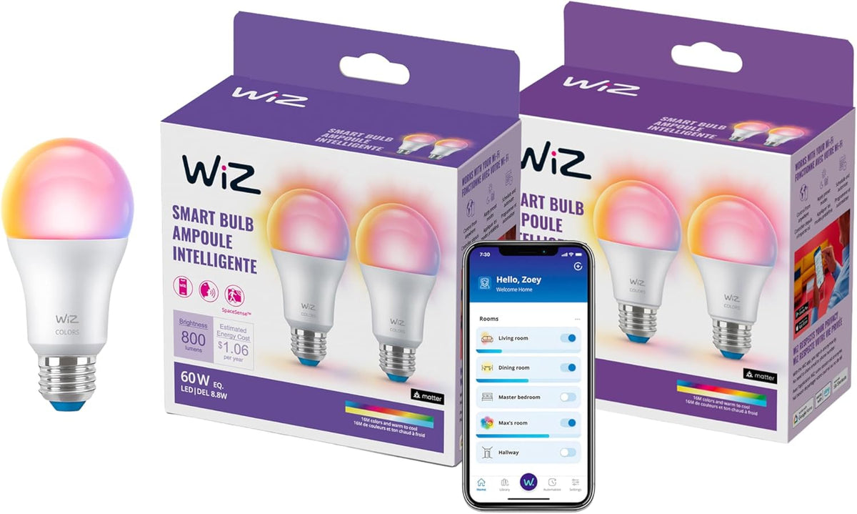 WiZ Connected LED Smart Light Bulbs, Sunset to Sunrise Automation + Motion Detection + Control with Voice or App, Full Color A19 60W 800LM E26 Indoor, Matter Compatible - 1 Pack