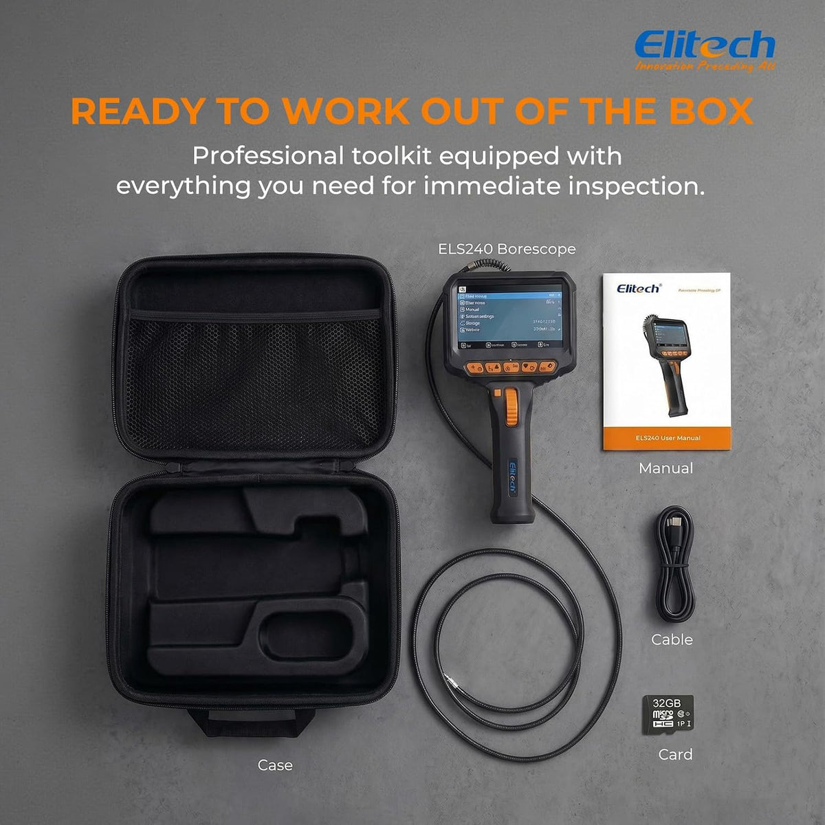 Elitech Articulating Borescope with Light, 6mm/0.24in Inspection Camera | 180° Articulation, Adjustable LEDs, 1080P IPS Display, Slim Probe, IP67 Waterproof, 20,000+ Bend Life, High Temp Protection