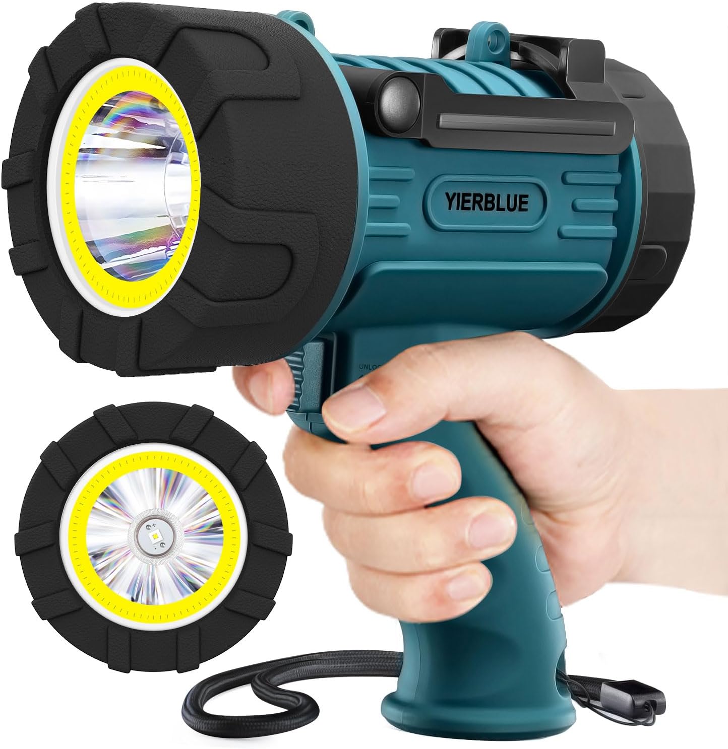 YIERBLUE Rechargeable Spotlight Flashlight with 2000000 High Lumen LED, IP67 Waterproof Long Running Spot Light searchlight, Impact Resistant Handheld Spotlight with Foldable Stand Red Lens