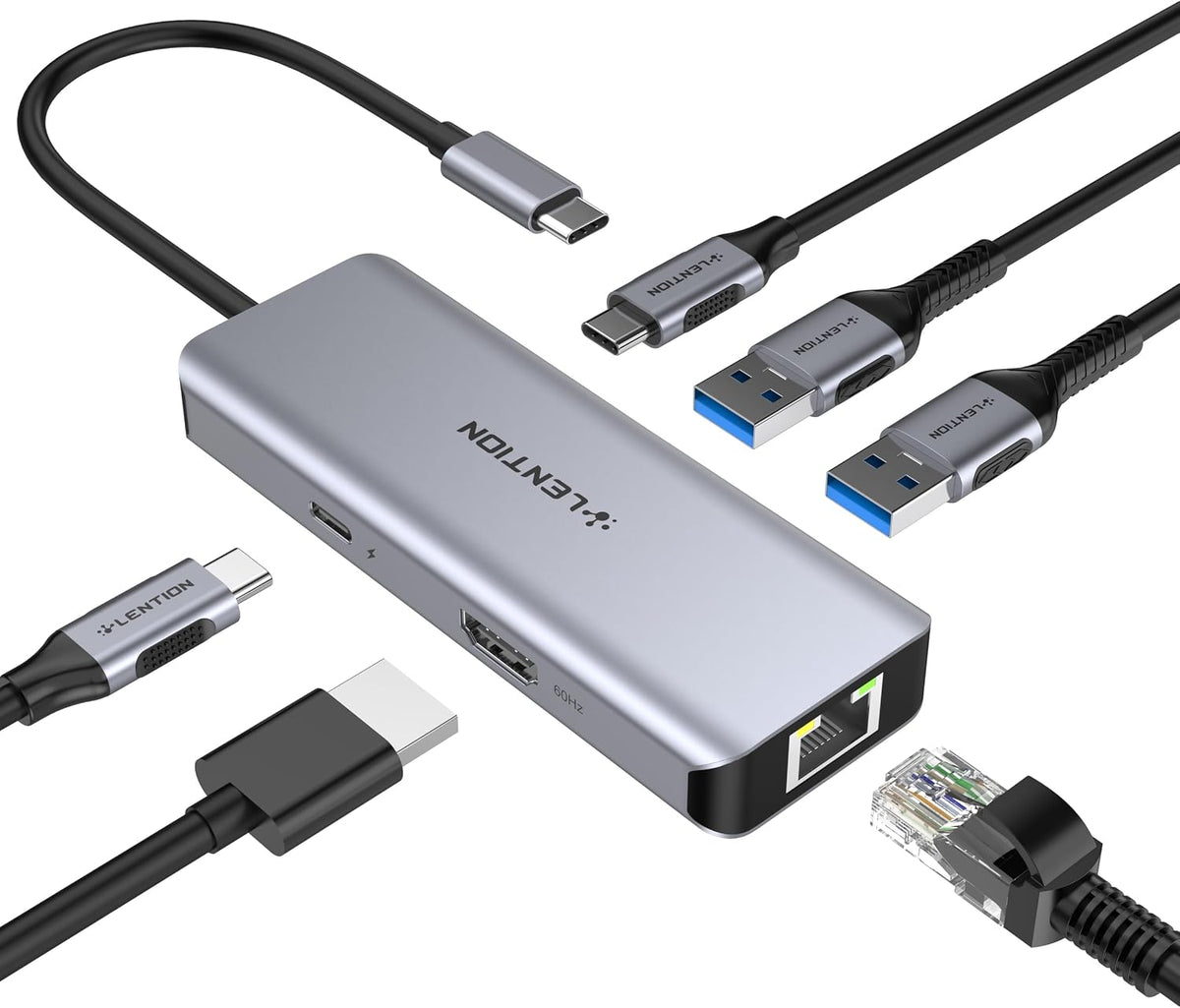 LENTION 6-in-1 USB-C Hub, 2 USB3.0, 4K@30Hz, Ethernet, Card Reader, 100W PD