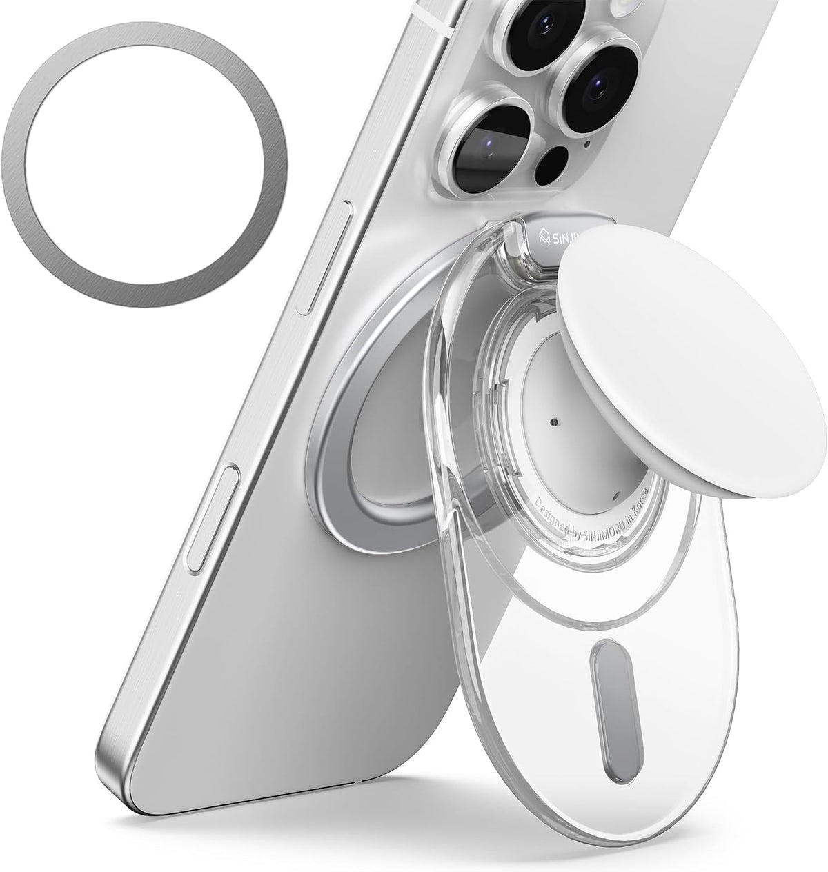 Sinjimoru Phone Grip Stand for MagSafe, Magnetic Kickstand, Clear Black | M-Tap Tok Stand, strong magnet, soft silicone grip, Adjustable Kickstand for Portrait or Landscape, metal plate included