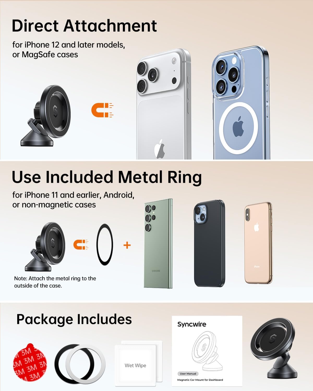 SYNCWIRE MagSafe Car Mount, Adjustable Magnetic Phone Holder, Space Gray | 360° Rotating Strong Magnet Phone Mount with 3M VHB Adhesive, Compatible with iPhone 17/16/15/14/13/12 & MagSafe Cases