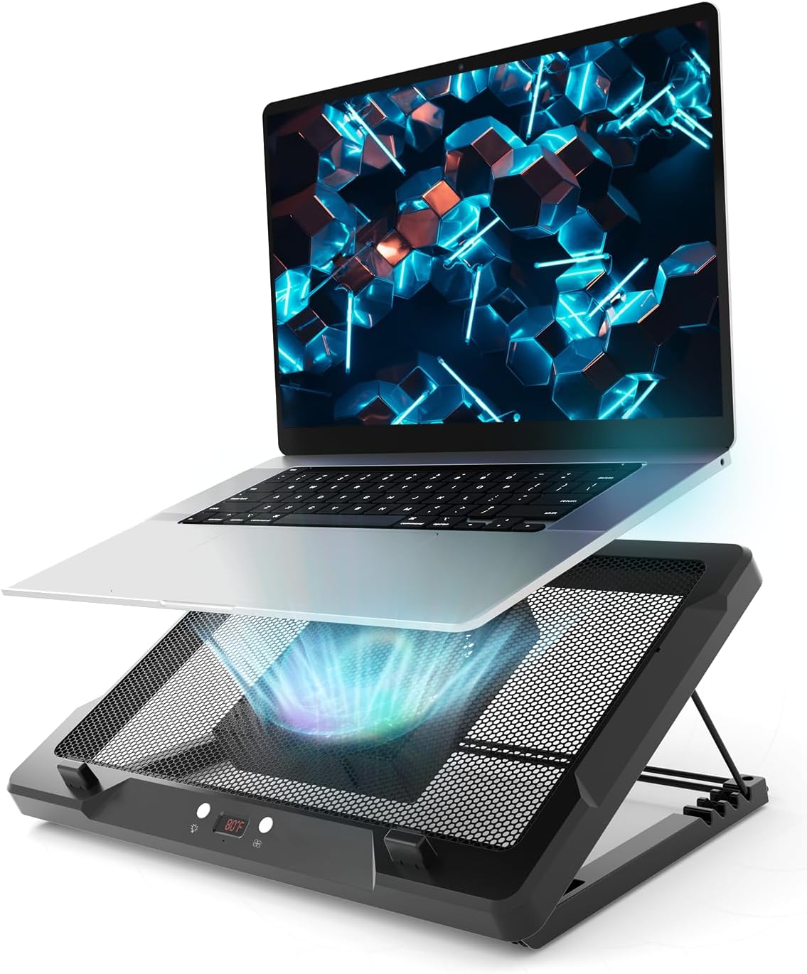 DEPGI Laptop Cooling Pad, Laptop Cooler Stand with 5.5" Movable Fan Easy to Clean, 10 RGB Light Modes, Auto Temp Sensor & 3-Speed Manual Control, Ultra Quiet ≤40dB for 14–17.3 Inch Laptops