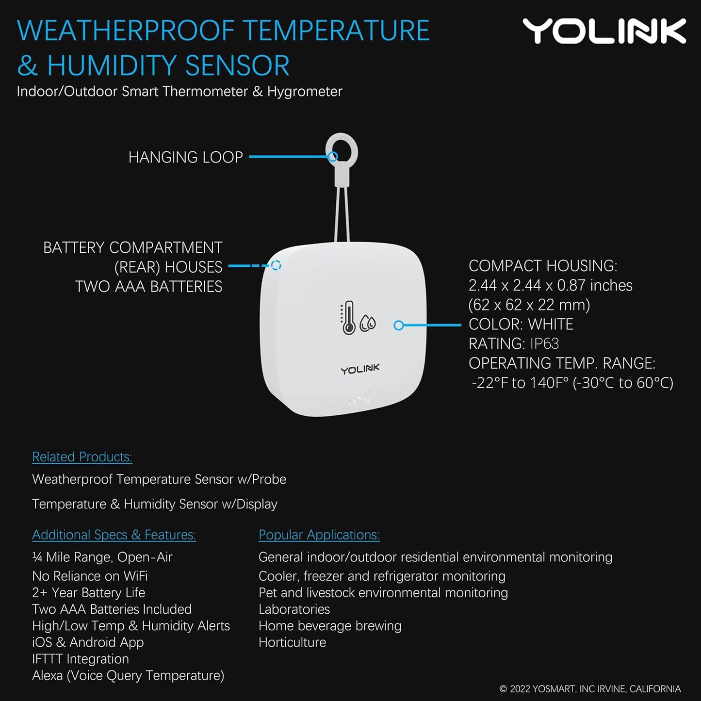 YoLink Smart Outdoor Temperature & Humidity Sensor, Hygrometer, Thermometer, 1000' Long Range, 2 Years Battery Life, Emails, Text/SMS, App Alerts, Alexa, IFTTT Integration. Hub Required!