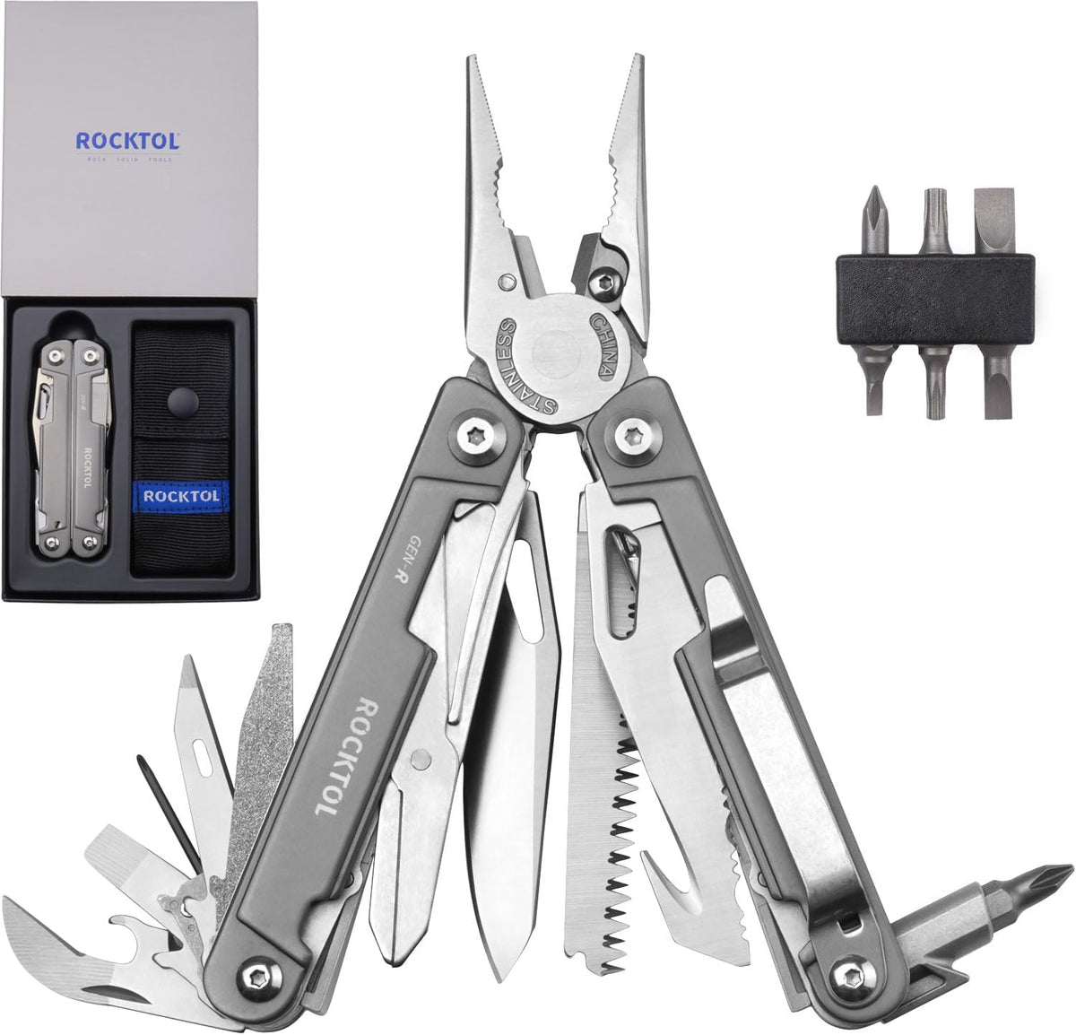 Gen-R RB Multitool Pliers, VG10 Blade, 27-in-1 Multi-tool, EDC Pocket Knife, Retro Black Finish, Precision Screwdriver, Gut Hook for Hunting, Backpacking, Hiking, Camping