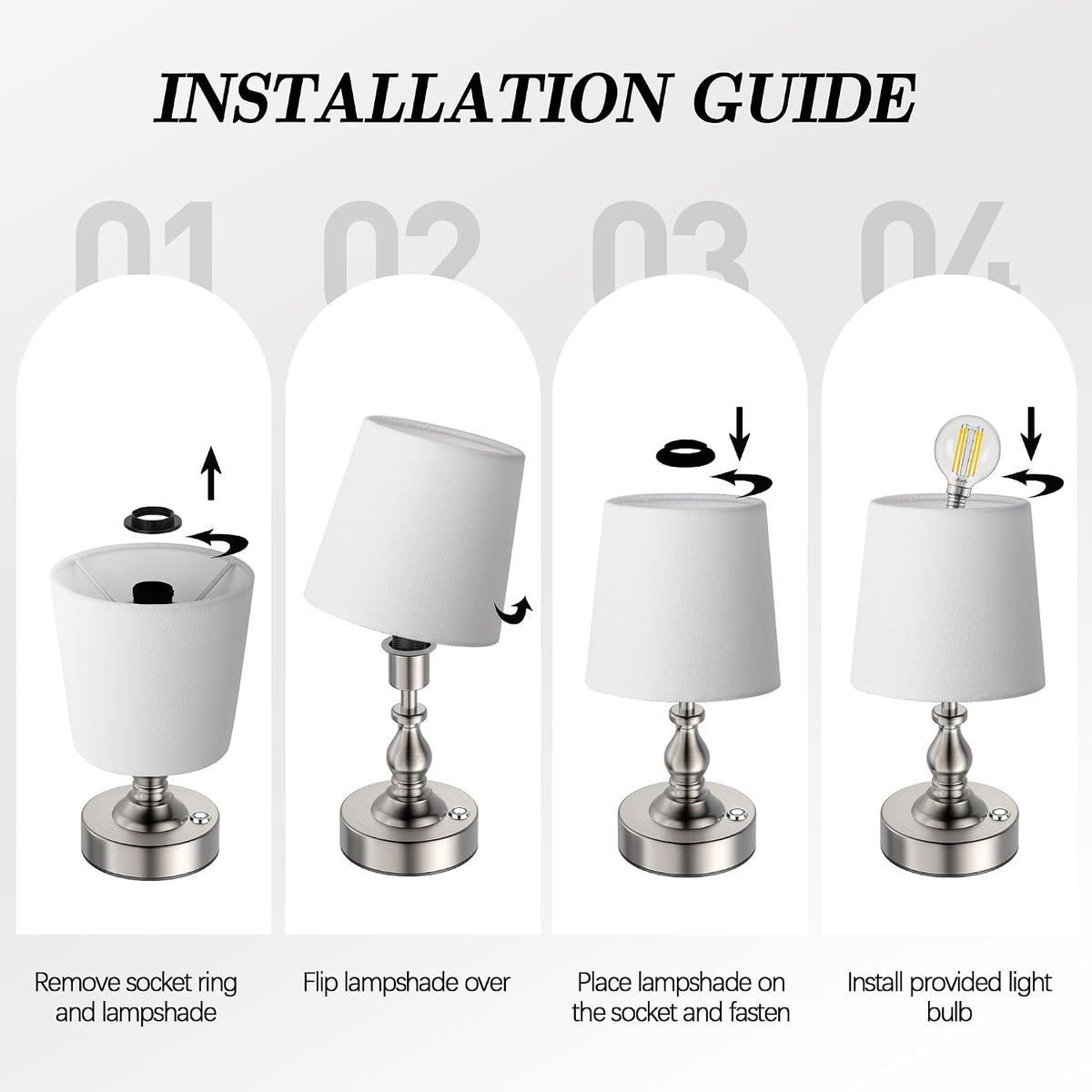 Mini Cordless LED Table Lamp, 5200mAh Rechargeable Battery Operated Lamp, 3-Level Brightness, Touch Dimmable Desk Lamp, Bedside Night Light for Patio Camping Restaurant Home, Brushed Nickel