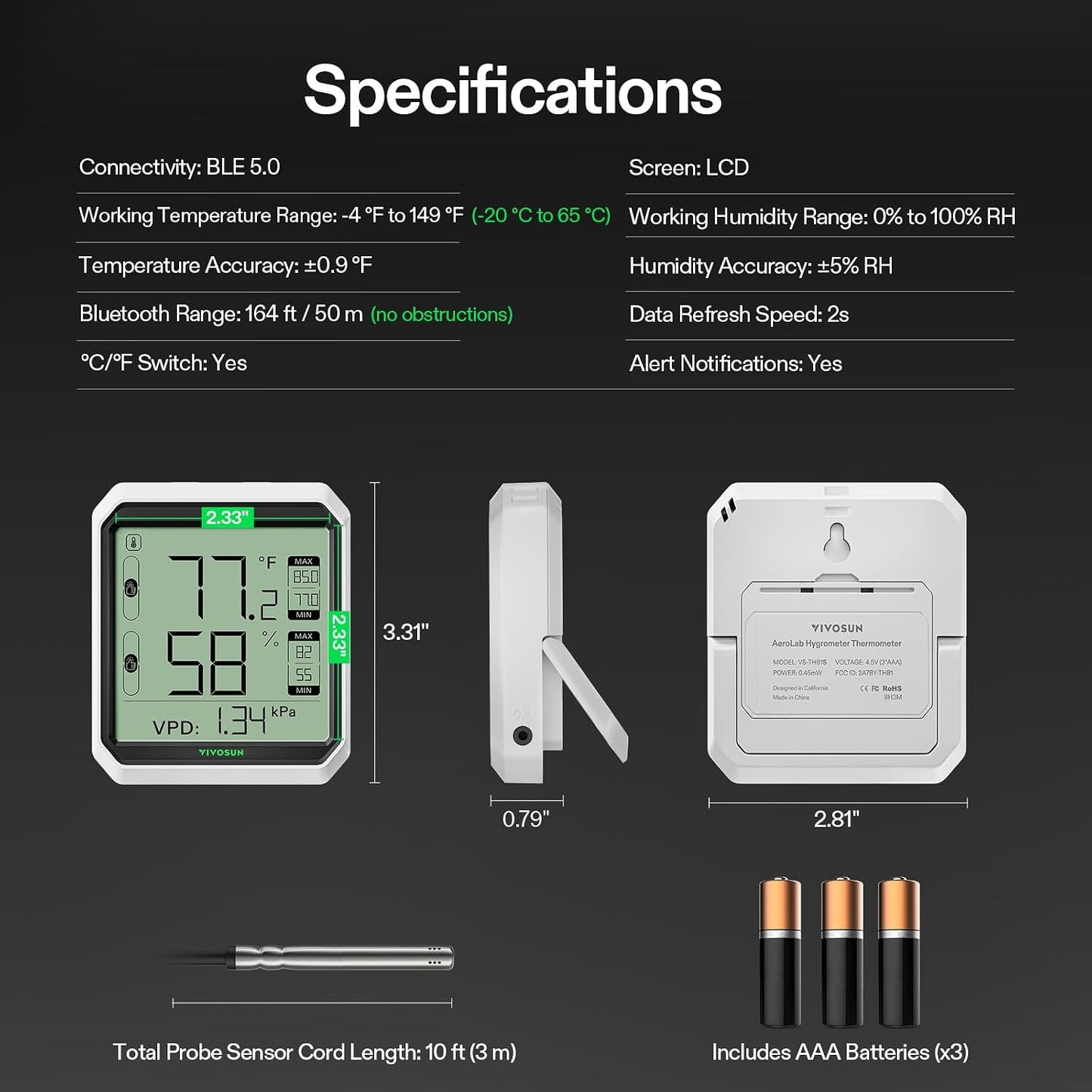 VIVOSUN AeroLab THB1S Wireless Bluetooth Hygrometer Thermometer Indoor, VPD, Digital Temp Humidity Meter, LCD Smart App Control & Alert, Data Storage, Dual Channels with Sensor Probe, Battery Included