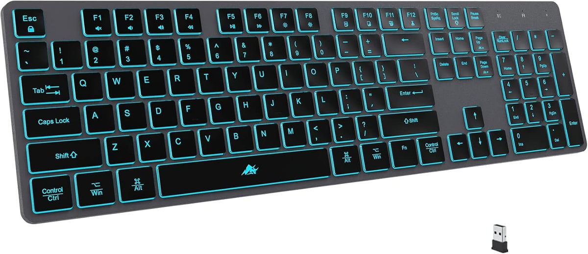 POWZAN Backlit Wireless Keyboard and Mouse Combo, Rechargeable Quiet 2.4G Cordless USB Slim Full Size for Apple iMac, MacBook, laptop and PC, Space Gray