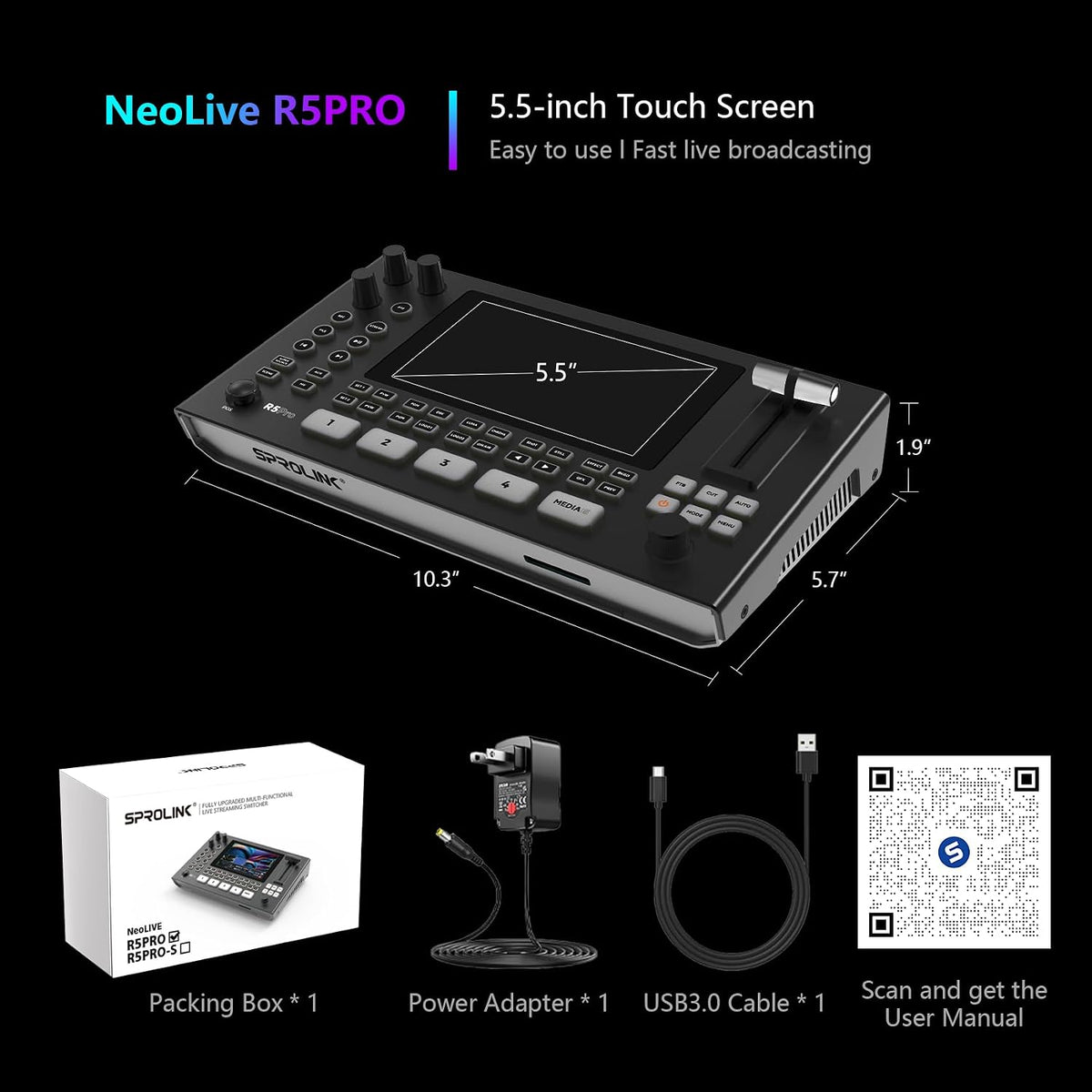 SPROLINK Neolive R5PRO Multi Camera Video Switcher, 5 in (2x4K HDMI+2xHDMI+USB-A), 3 Out (2xHDMI+USB-C), NDI, RTMP, PTZ, Web Control, Recording