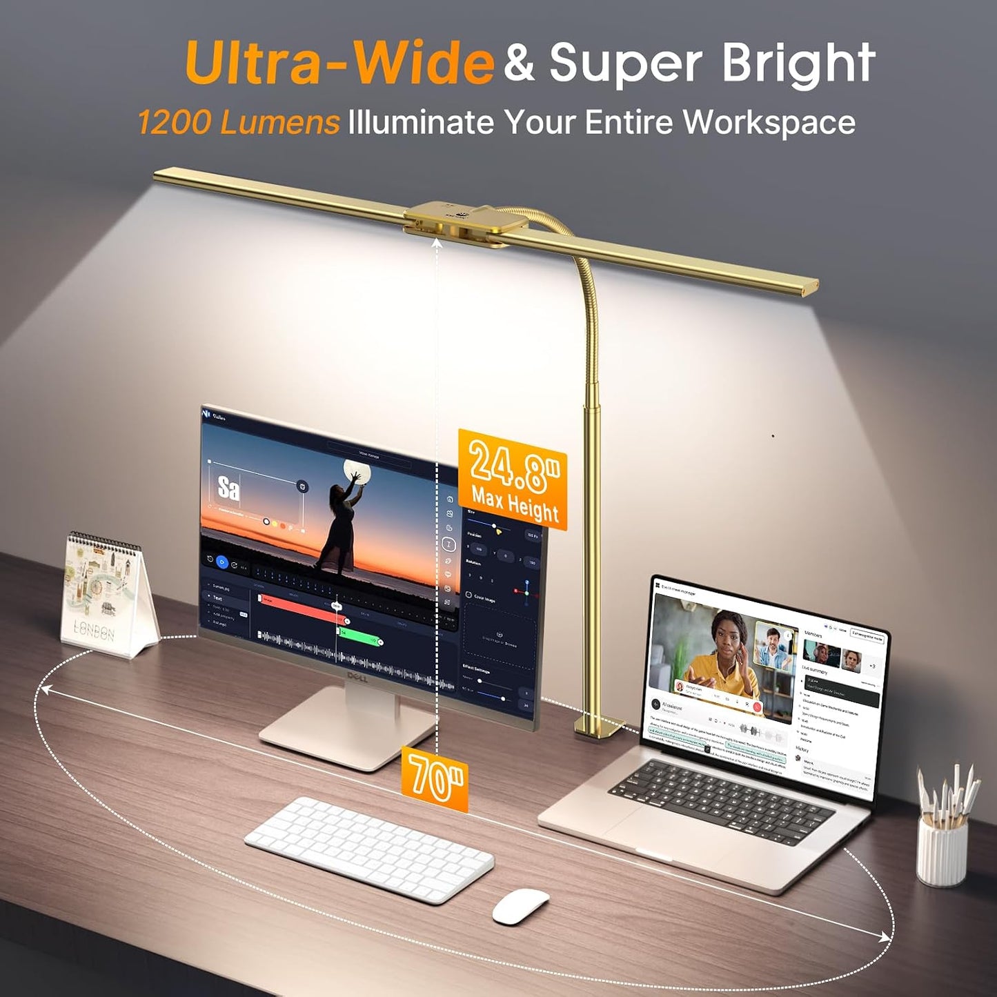 Syrinx LED Desk Lamp for Office Home, Dual Head Eye-Care Architect Lamp | Gesture/Wired Control, Flexible Neck, Bright Desk Light with Memory/Timer, 50 Lighting Modes for Study, Drafting, Gold