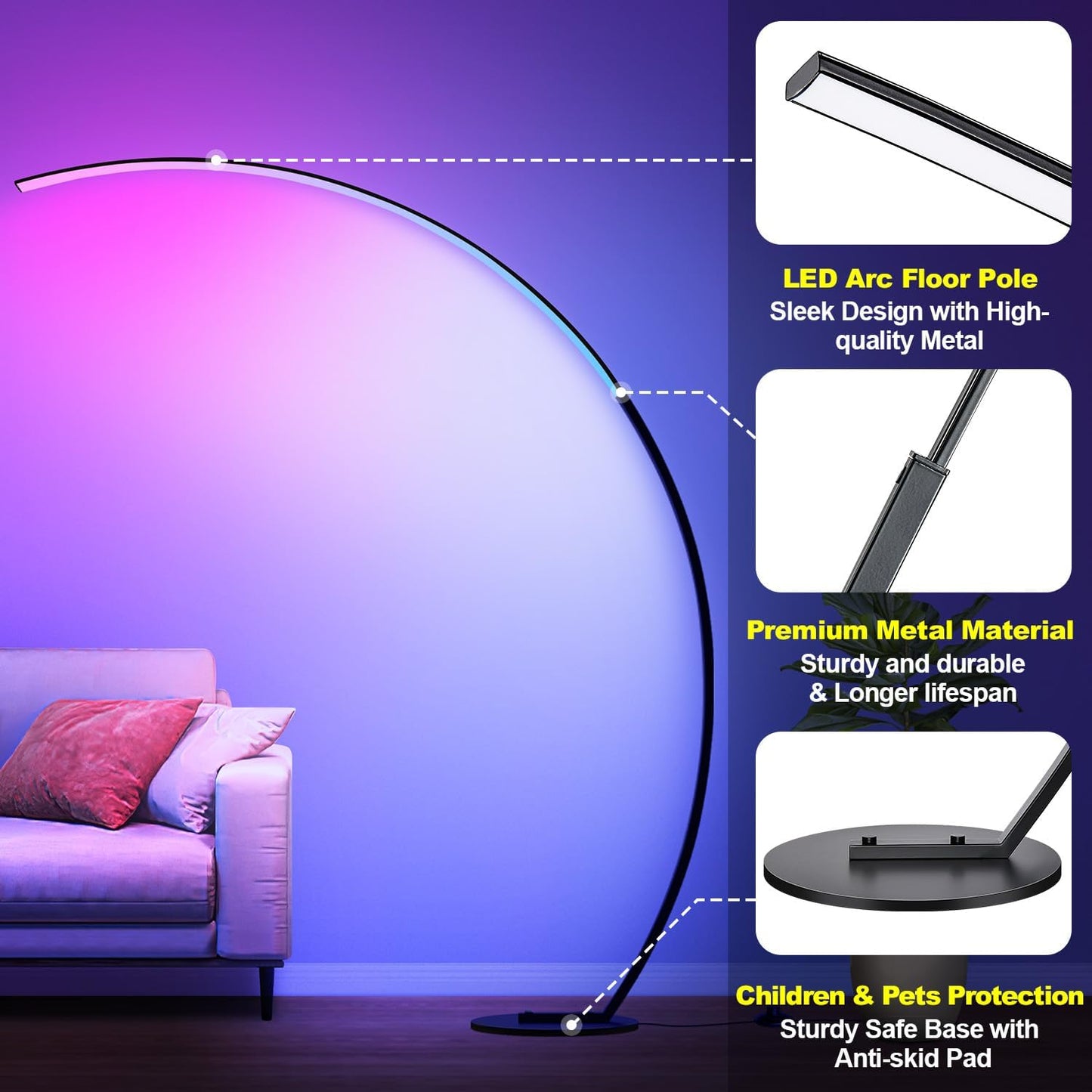 RGB Floor Lamp with 3 Color Temperatures, Ultra Bright 1800LM Smart Arc LED Floor Lamp with Remote Control, Music Sync, Scene Modes, Modern Standing Tall Lamp for Bedroom Living Room Gaming Rooms