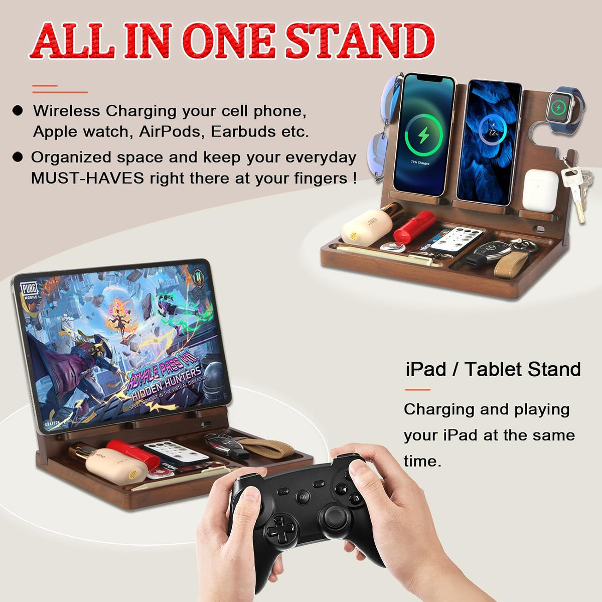Wood Phone Docking Station Nightstand Organizer for Men 27W 2 Phone Wireless Charging Station with 4 Wireless Charger Stand for iPhone Apple Watch AirPod Mens Birthday Gift Ideas Key Holder