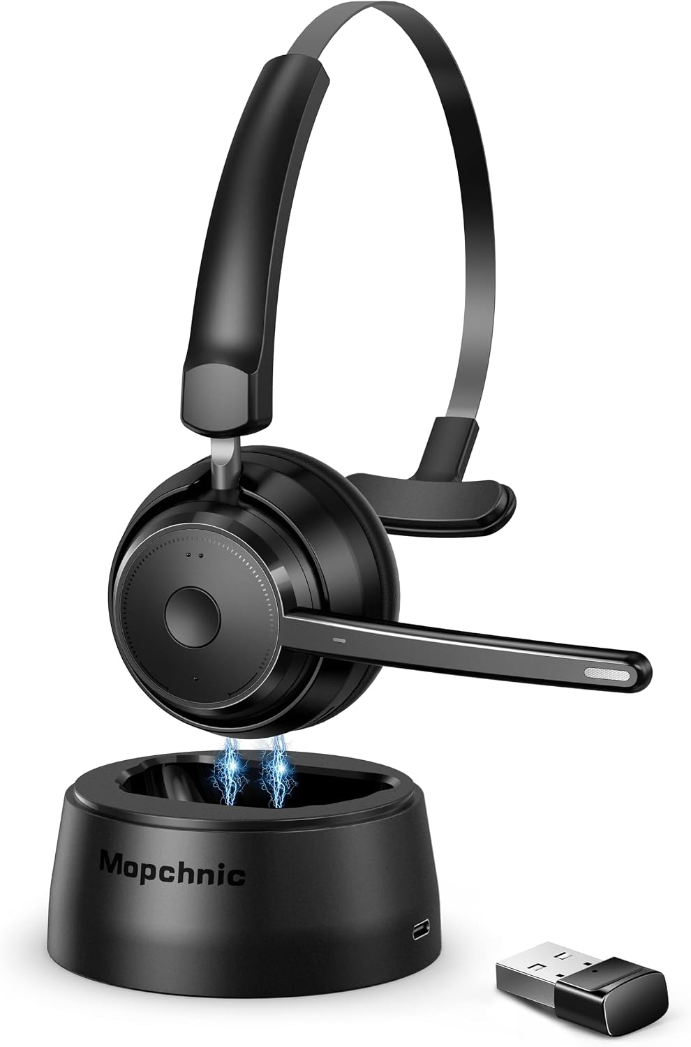 Mopchnic Bluetooth Headset, Wireless Headphone with Microphone for Computer, On Ear Bluetooth with USB Dongle for Office Call Center Skype Zoom Meeting Online Class (Dark Gray)
