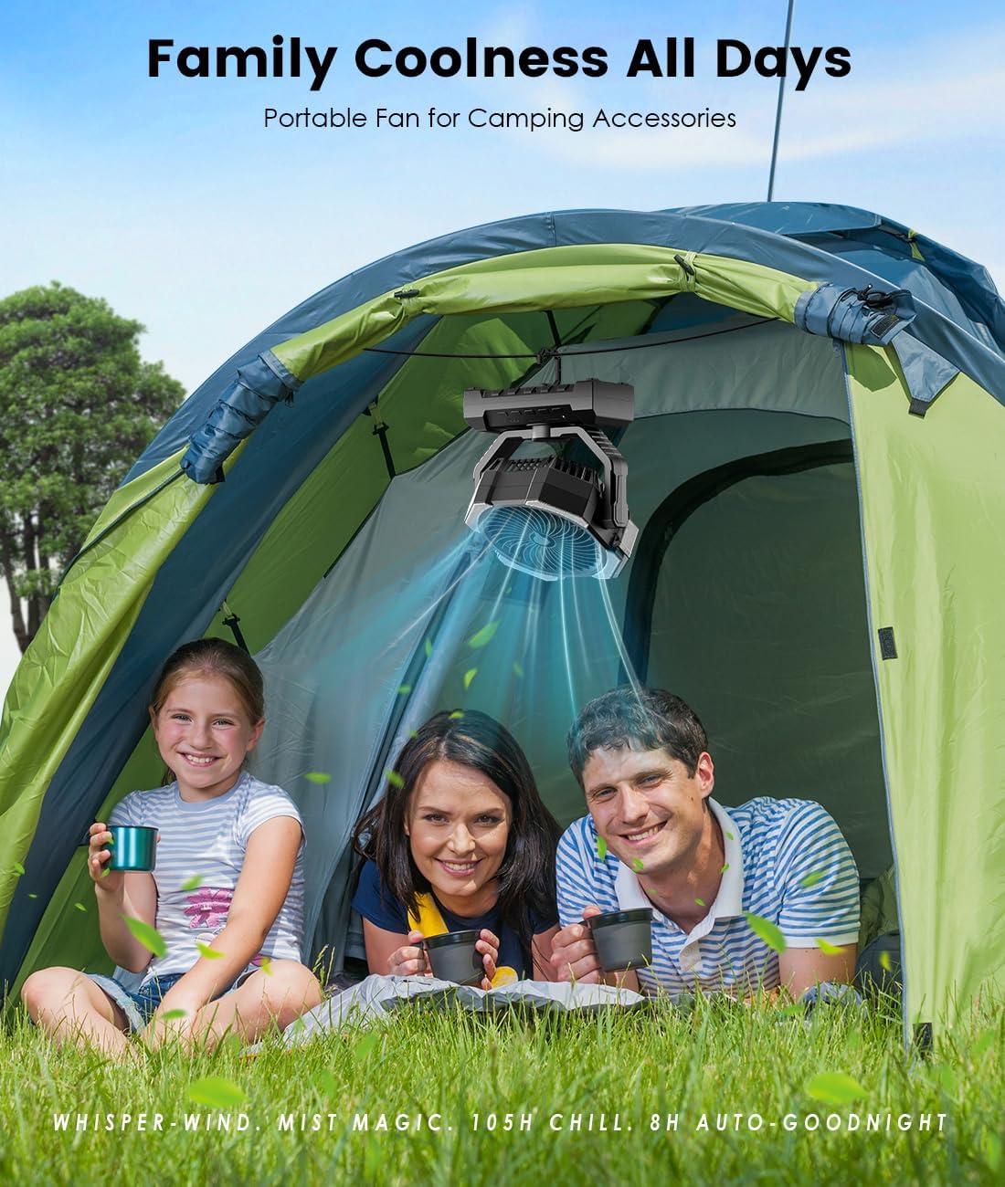 Camping Misting Fan - Portable Rechargeable Fan with 8.9oz Tank, Light, Hook - Battery Power 120H MAX Working, Fast Cooling, 4 Speed, Timer, Sleep Mode, for Outdoor, Travel, Patios, Beach