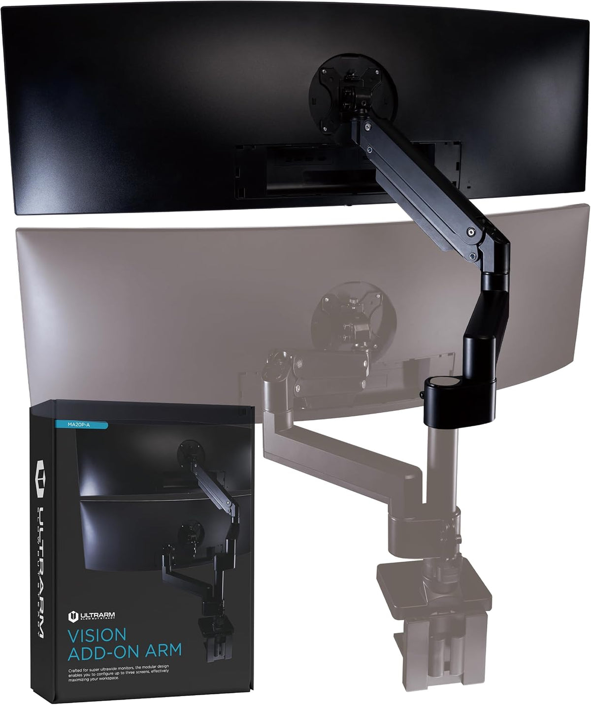 ULTRARM Heavy Duty Monitor Arm for Ultrawide Monitors up to 57" and 44 lbs, Single Desk Stand, Pneumatic Height Adjustable, Modular Extension Arms - Max VESA 100x100, Black, MA20P-S