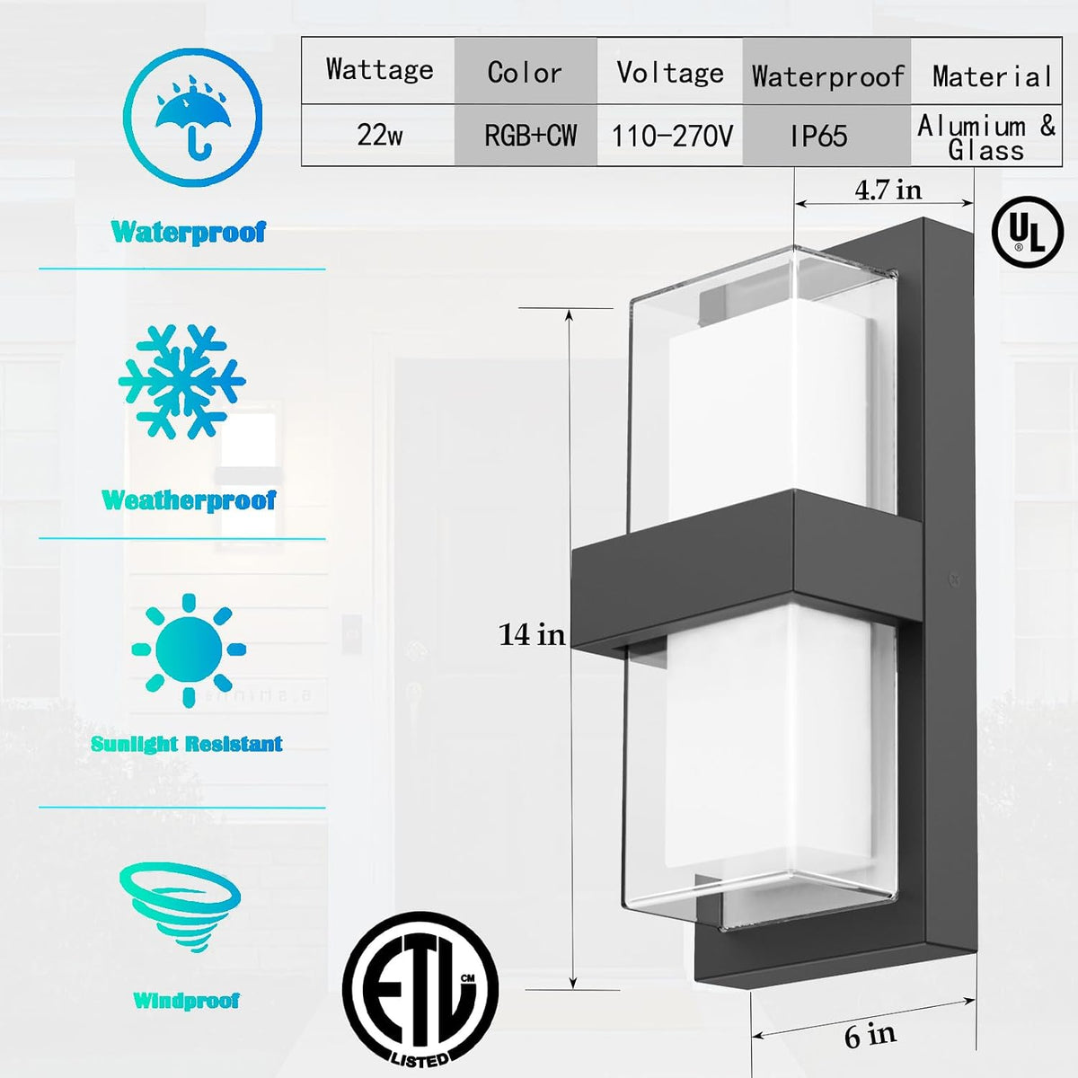 RGB+CCT Color Changing LED Outdoor Wall Lights, 14in 22W 1800LM
