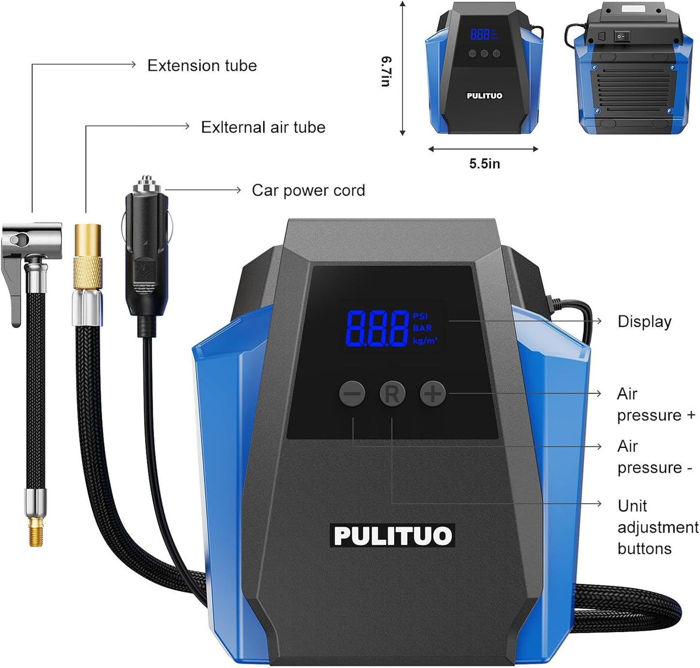 12V DC Tire Inflator - Portable Air Compressor 35L/min, 150 PSI Car Tire Pump with Auto Shut Off, Digital Pressure Gauge and LED Light, Blue