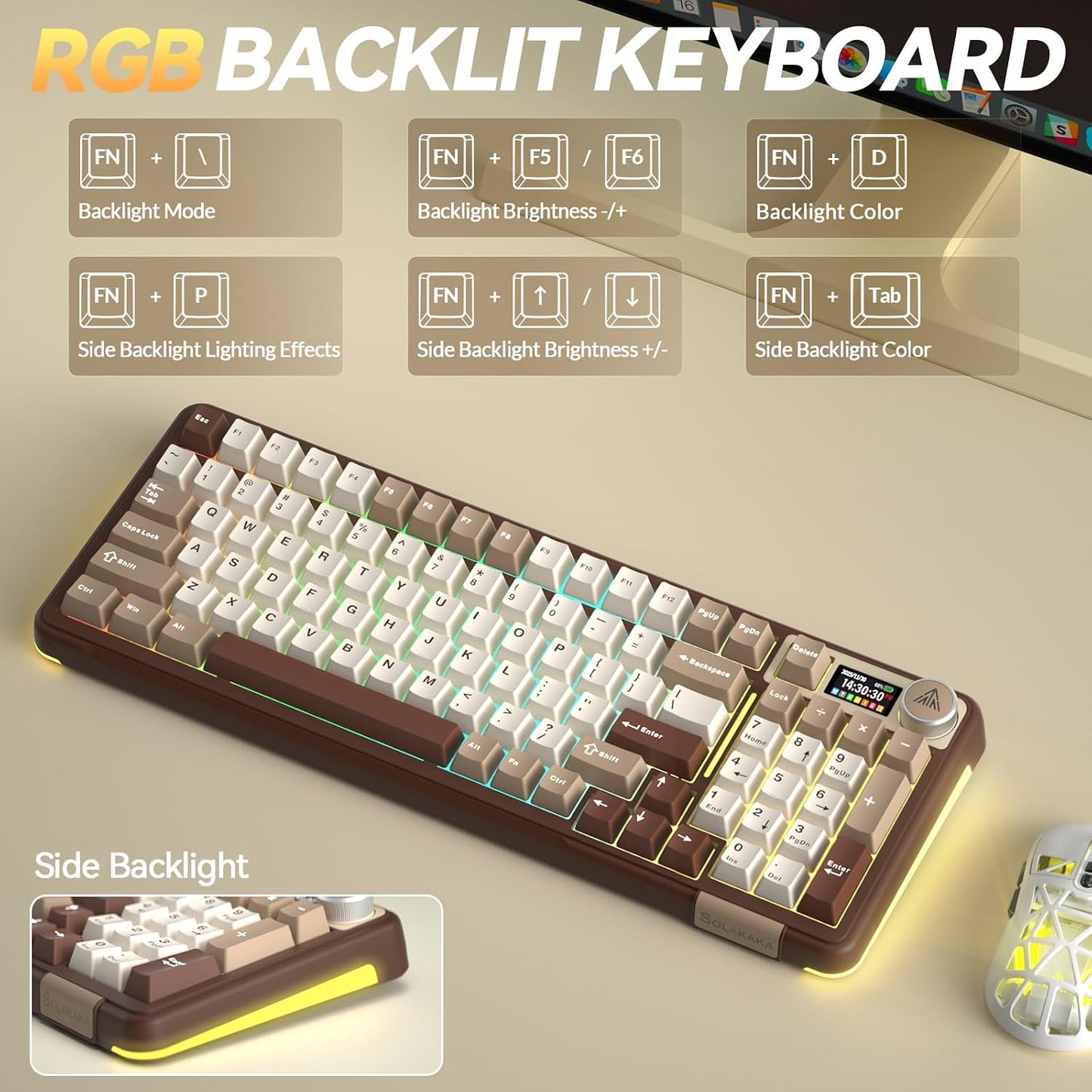 SOLAKAKA A99 Pro Mechanical Keyboard with LCD Screen & Metal Knob, Wireless Gaming Keyboard with BT5.0/2.4GHz/USB-C, Hot Swappable Creamy Keyboard, Gasket Structure, RGB Backlit, for Win/Mac