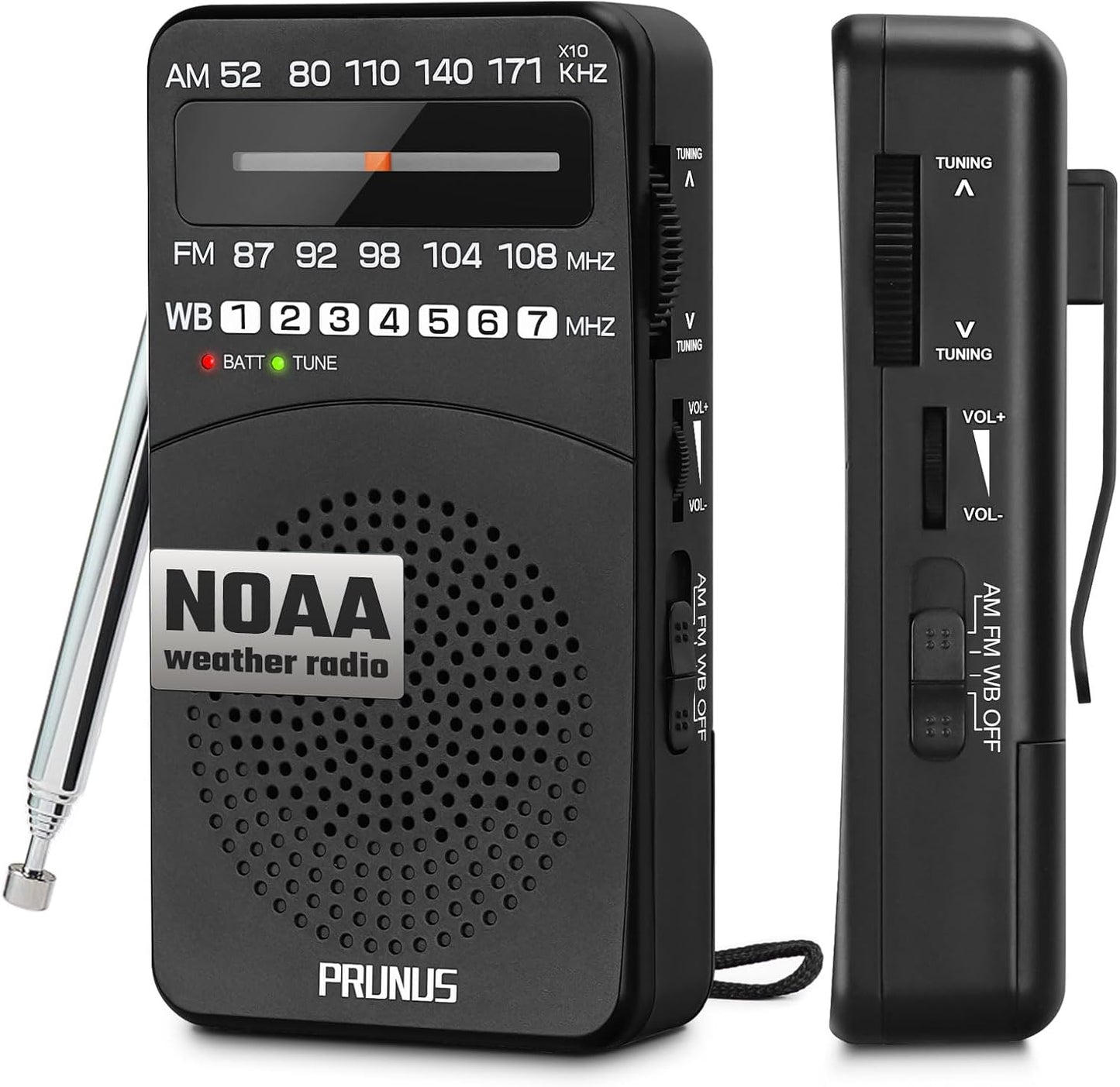 NOAA Weather Radio AM FM, AA Battery Radio for Power Outages PRUNUS J161 | Handheld, Best Reception,Stereo Earphone Jack, for Emergency, Hurricane, Storm, Running, Walking,Home, Transistor Radio