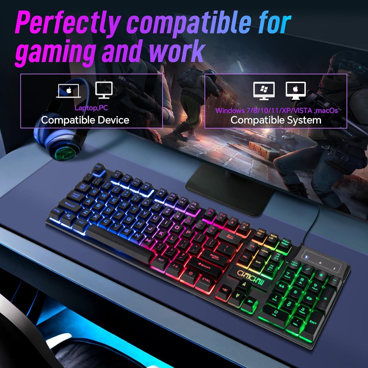 Wired Gaming Keyboard, 104 Keys Full Size, Light Up Keyboard for PC Mac Laptop Desktop