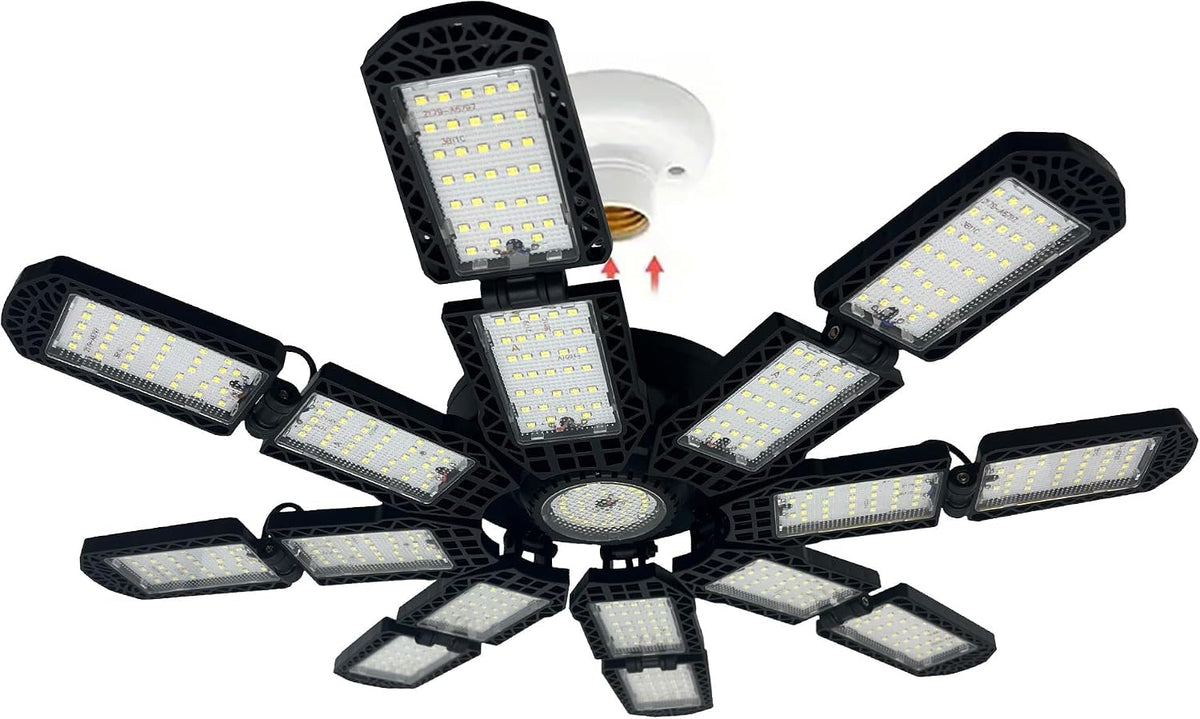 2 Packs LED Garage Light,Super Bright Screw in E26/E27 Ceiling Shop Work Lamp, 280W 30000 Lumen Deformable Basement Bulb Fixture with 12+1 Adjustable Panels, Lighting for Workshop, Attic