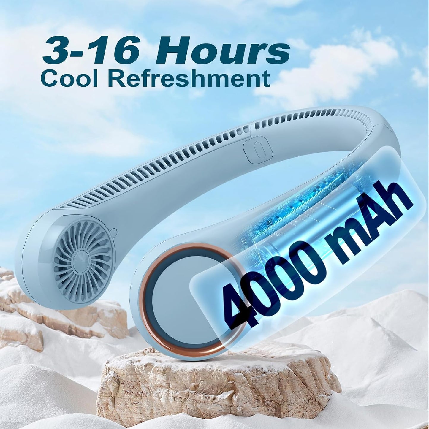 CIVPOWER Neck Fan: Portable Personal Neck Cooling Rechargeable Bladeless Fan - Hands Free 3 Speed 4000 mAh Battery USB Operated Wearable Headphone Design - Gift for Men Women Outdoor (Light Blue)