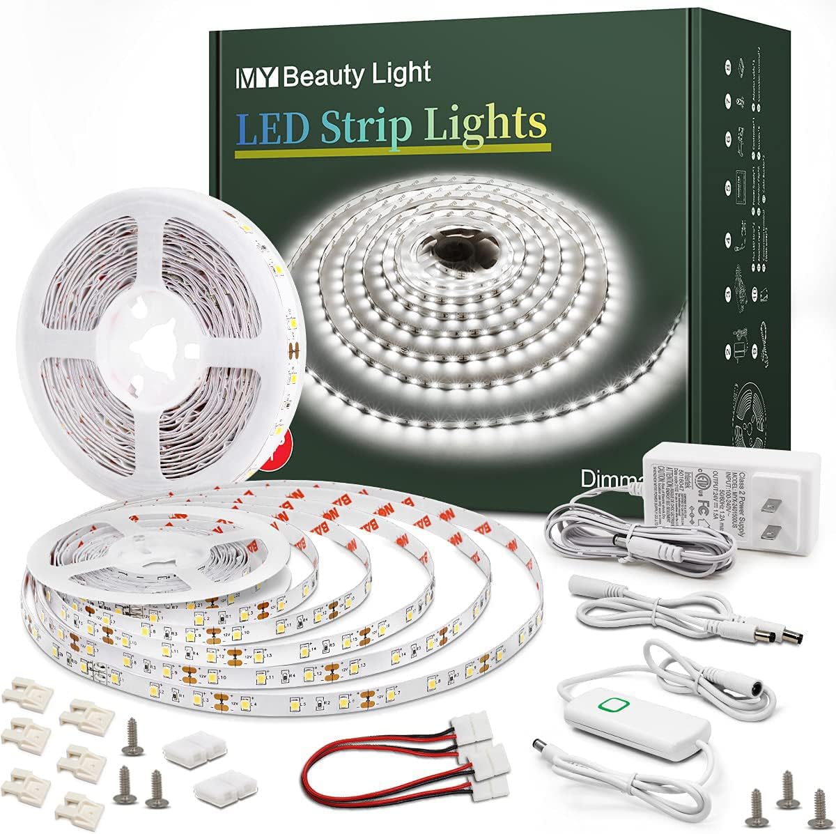 MY BEAUTY LIGHT White LED Strip Lights,16.4ft Dimmable LED Light Strip,12v Flexible LED Rope Lights Kits for Kitchen Cabinet Mirror Bedroom Party Decor